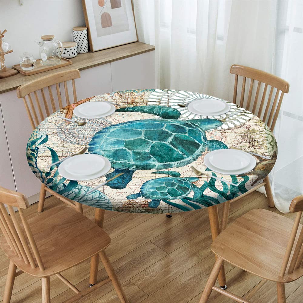 Sea Turtle Print Round Tablecloth - Elastic Edge Waterproof Table Cover for 36