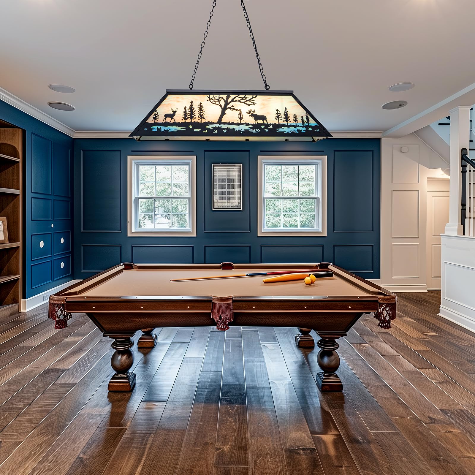 Wellmet 47in Tiffany Pool Table Light - Rustic 4-Light Billiard Hanging Fixture for 7' 8' 9' Pool Tables, Farmhouse Chandelier for Snooker Tables, Game Rooms, Dining Rooms, Kitchen Islands, and Cabin Decor