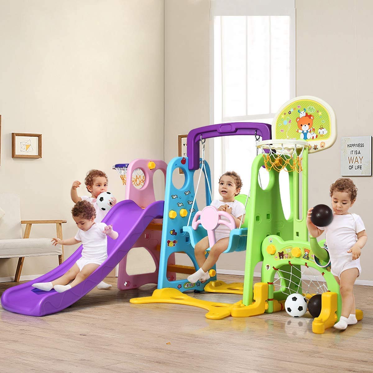 HONEY JOY 4-in-1 Toddler Swing and Slide Playset with Basketball Hoop - Extra Long Slide with Safety Buffer - Easy Assembly Indoor/Outdoor Climber for Kids Ages 2-5 - Perfect for Backyard, Playroom & Preschool Playground Activities