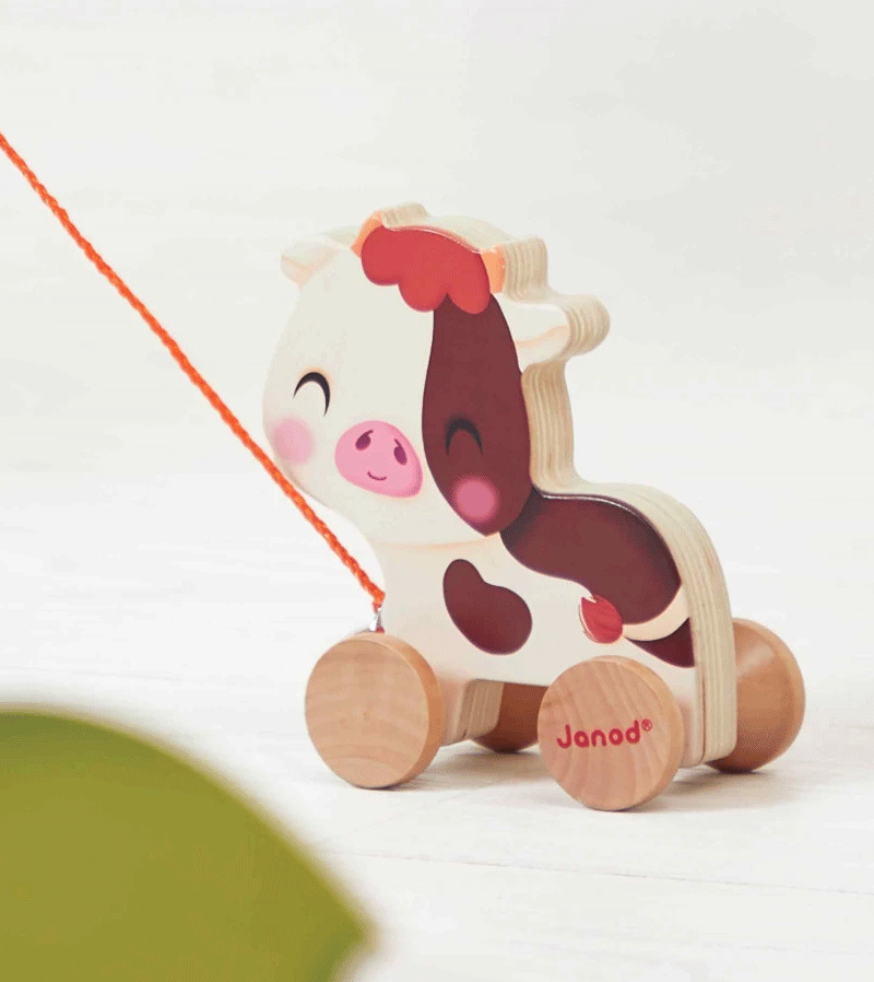 Janod Farm Pull Along Cow Toy - Wooden Animal Pull Toy for Toddlers & Kids - Perfect for Pretend Play, Early Learning & Motor Skills Development