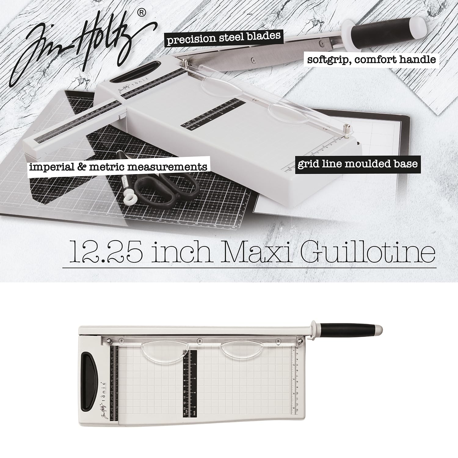 Tim Holtz Maxi Guillotine Paper Trimmer - 12.25 Inch Heavy Duty Paper Cutter for Scrapbooking, Vinyl, Cardstock & Craft Projects - Extendable Ruler with Grid Lines - Perfect for DIY Cards, Scrapbook Pages & Home Office Use