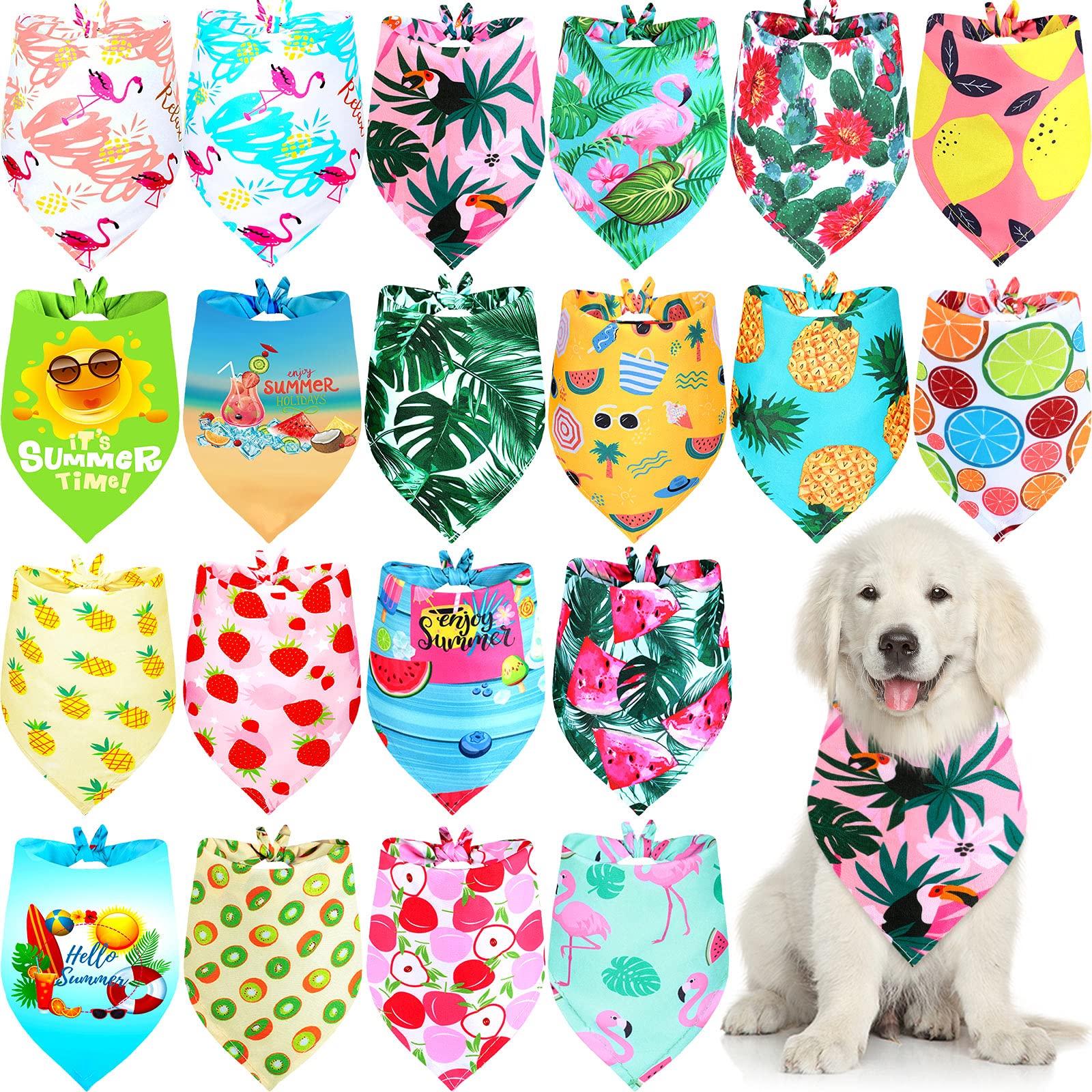 20-Piece Hawaiian Style Summer Pet Bandanas - Washable Fruit Print Dog Bandanas & Triangle Bibs, Assorted Pet Scarves for Small & Medium Dogs & Cats - Perfect for Beach, Parties & Outdoor Adventures