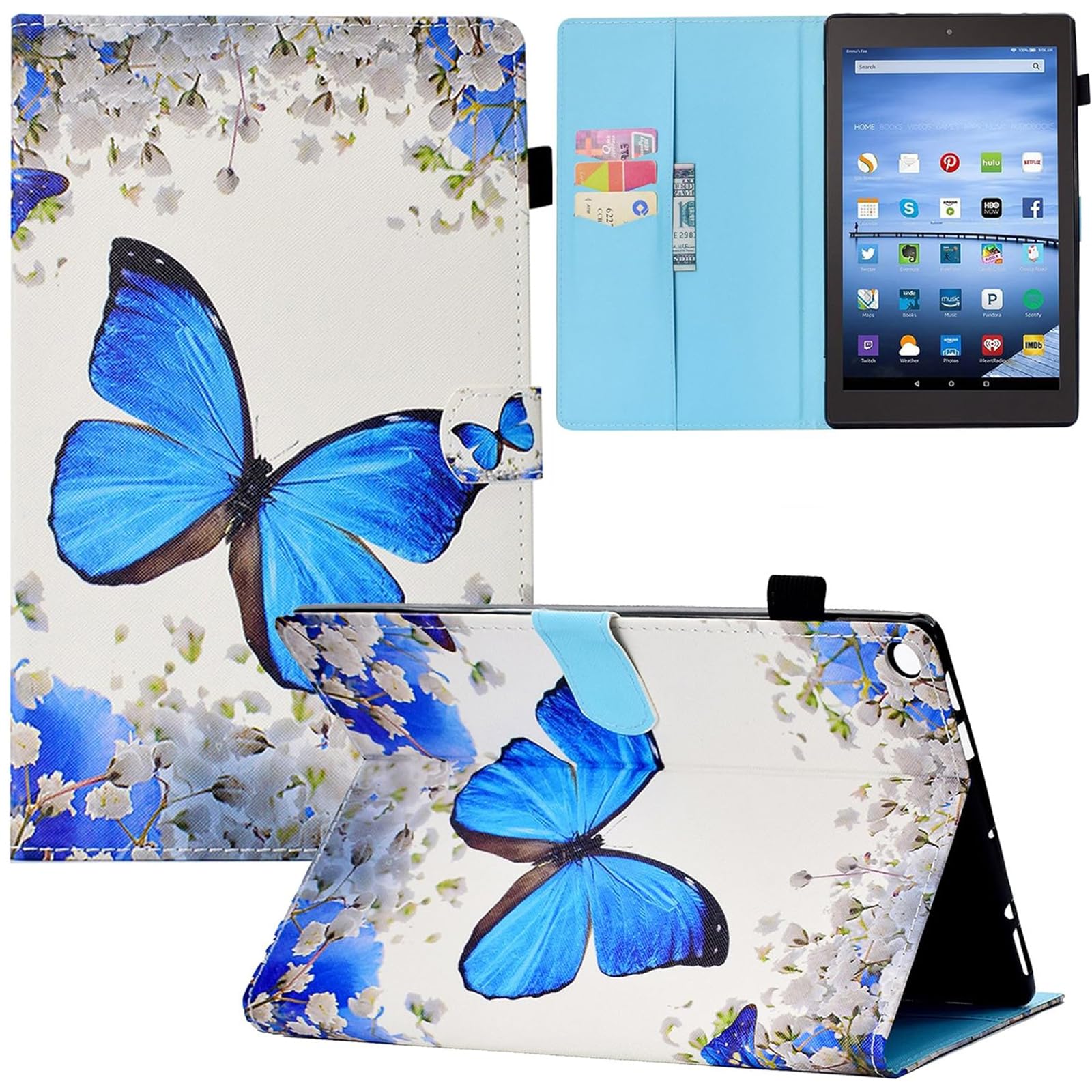 Premium PU Leather Kindle Fire HD 10 Case with Card Slots & Auto Wake/Sleep - Compatible with 9th/7th/5th Gen (2019/2017/2015) - Big Butterfly Design - Perfect for Reading, Traveling & Daily Protection