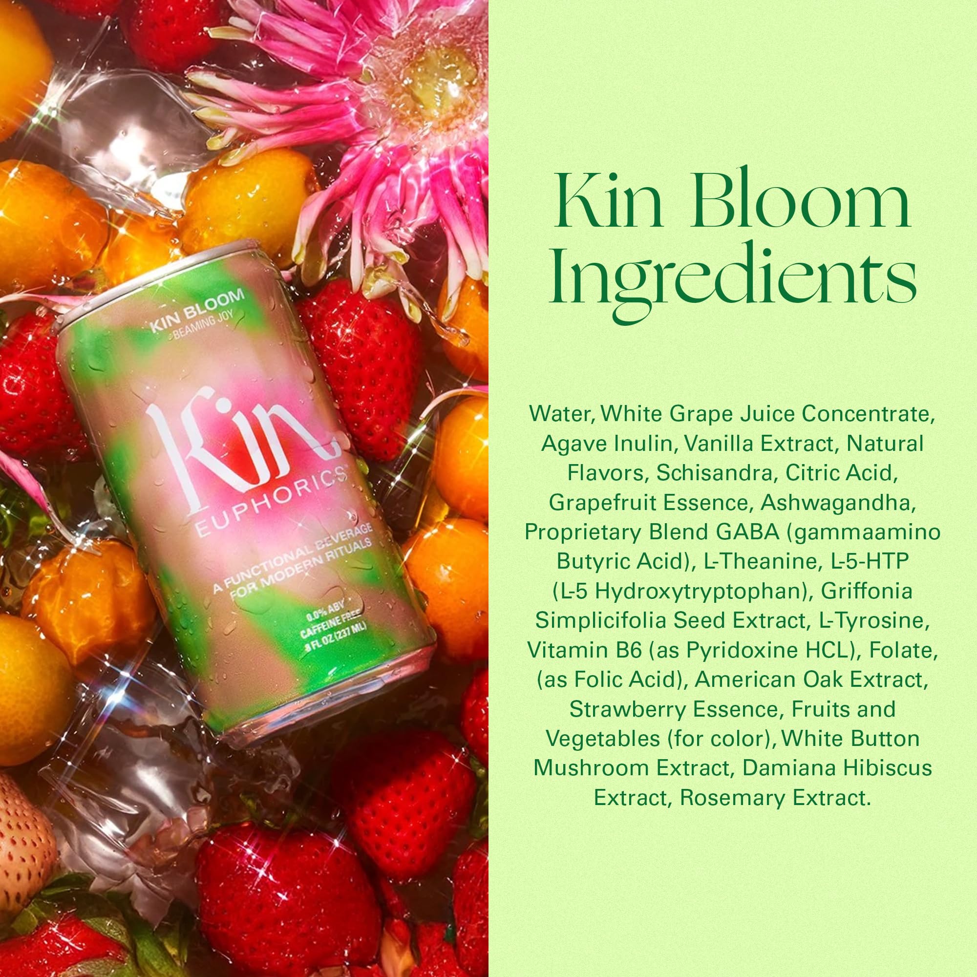 Kin Euphorics Kin Bloom Non-Alcoholic Functional Beverage - 8 Fl Oz (8pk) | Elevate Mood & Focus with L-Theanine, Schisandra | Prebiotic Strawberry White Grape Flavor | Perfect for Work, Yoga or Social Gatherings