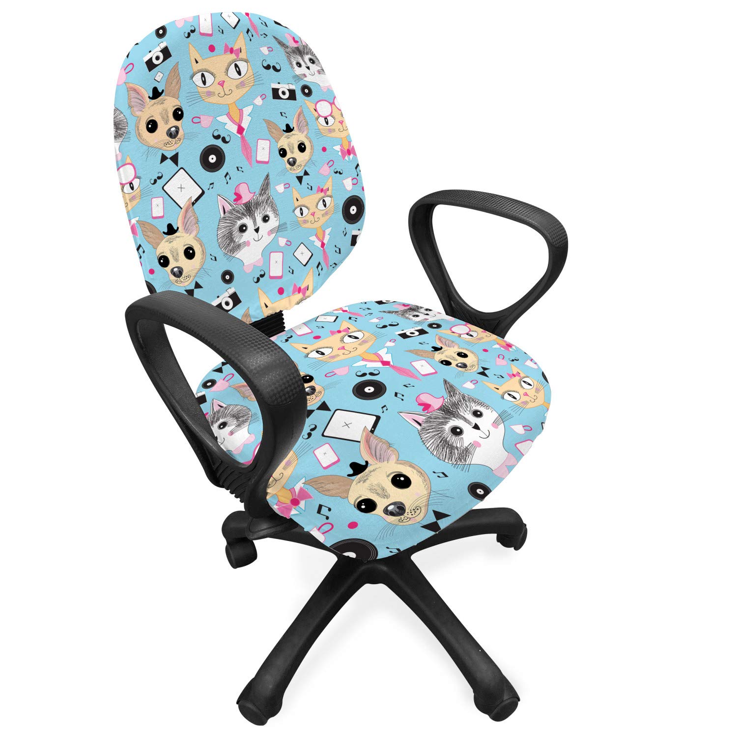 Ambesonne Retro Office Chair Slipcover - Hipster Animal Print with Bow Tie & Hat Wearing Dog Cat Portraits on Blue Background | Stretchable Protective Fabric Cover for Home & Office Decor | Multicolor Design for Living Room, Study or Workspace