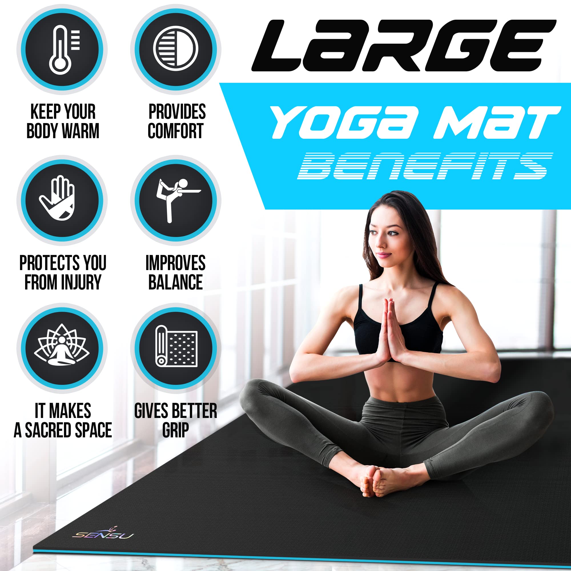 Sensu Large Yoga Mat - 9’ x 6’ x 9mm Extra Thick Non-Slip Eco-Friendly Exercise Mat for Yoga, Pilates, Stretching & Cardio | Home Gym Floor Mat | Perfect for Barefoot Workouts & Fitness Enthusiasts