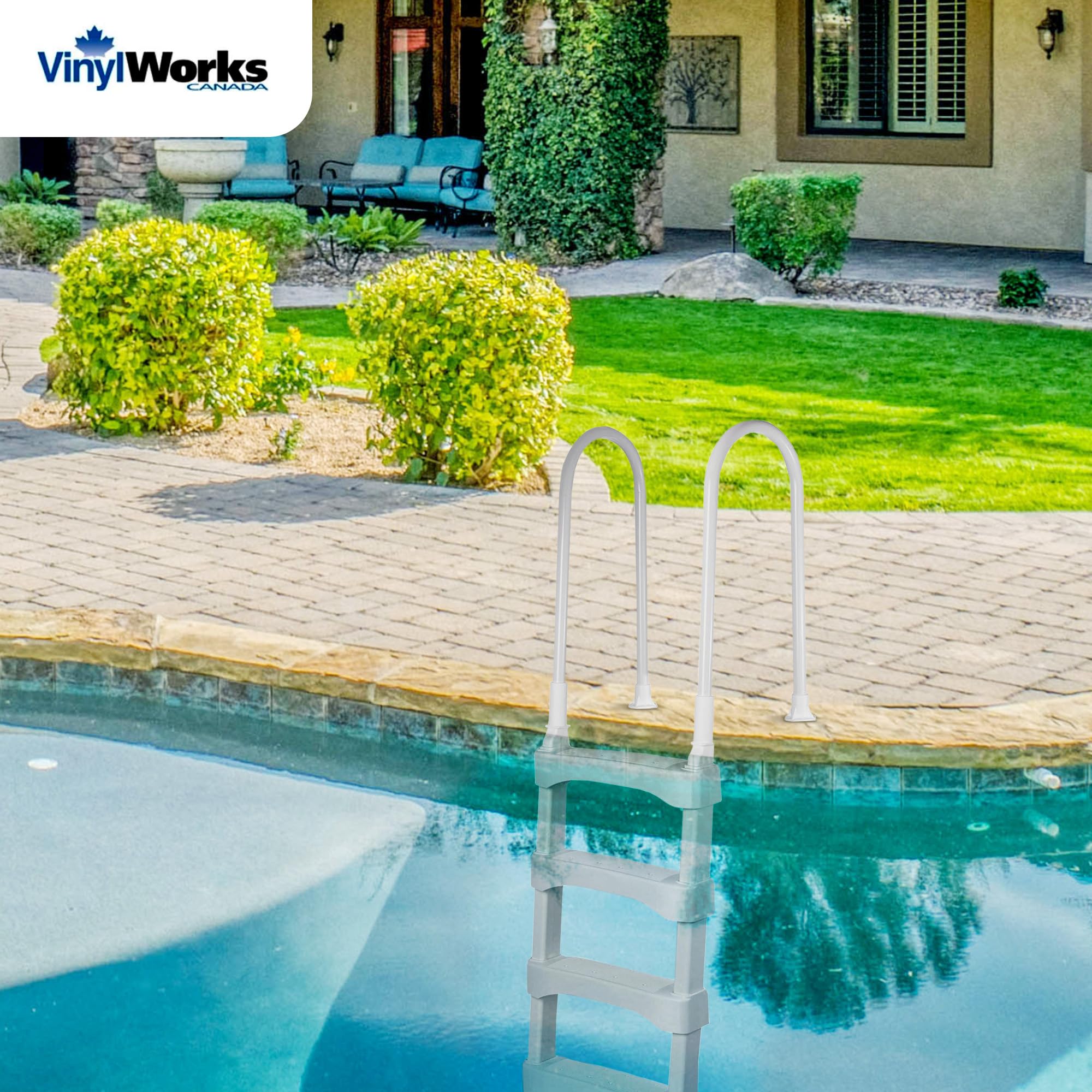 Heavy Duty Anti-Slip Plastic Step Ladder for Above Ground & In-Ground Pools with Ergonomic Aluminum Handrails - White | Safe Pool Entry & Exit for Swimming, Maintenance & Cleaning