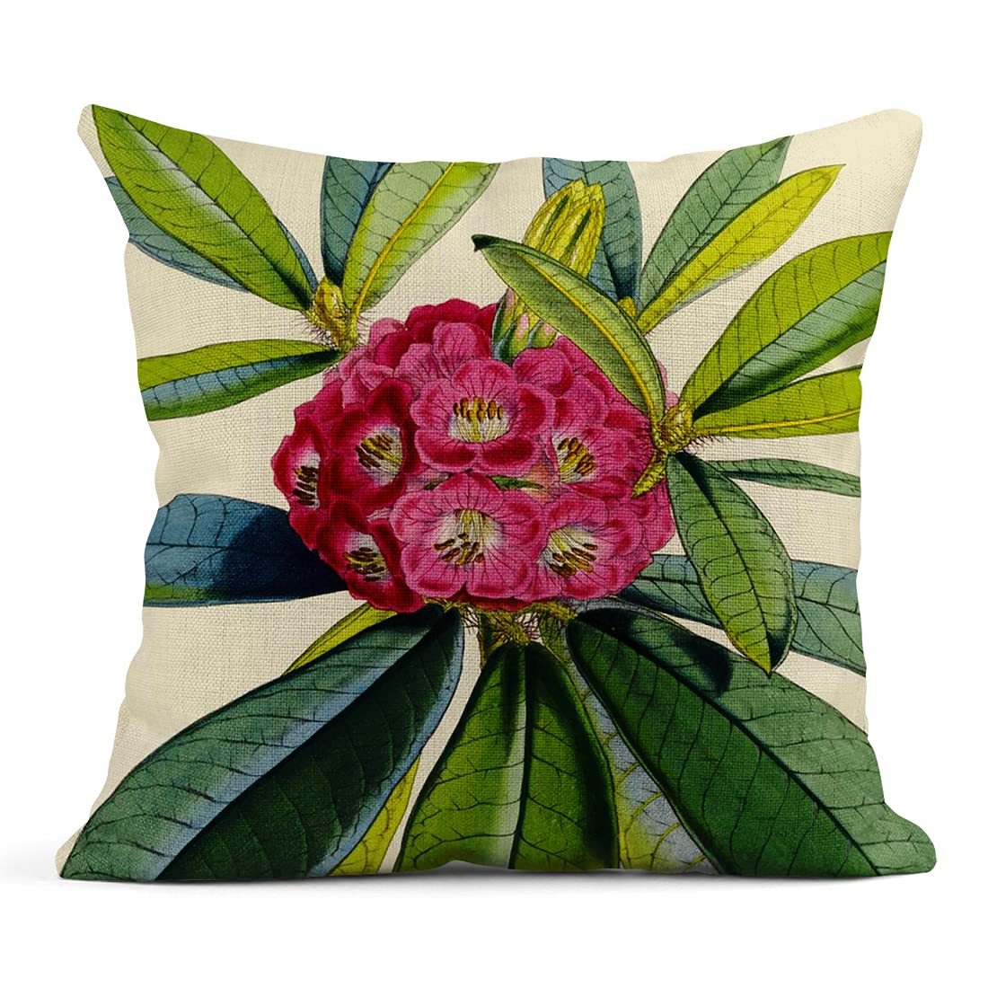 Set of 4 18x18 Inch Linen Throw Pillow Covers - Summer Rhododendron Floral Design for Sofa, Bed & Couch | Home Decor Square Cushion Covers | Perfect for Living Room, Bedroom & Outdoor Furniture