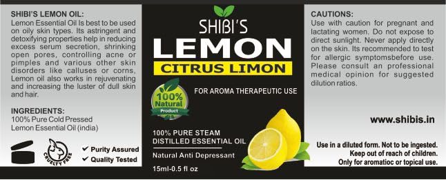 Shibi's Pure Natural Lemon Essential Oil 15ml - Organic Aromatherapy Oil for Face, Hair, Skin Care & Nail Treatment | Home Cleaning & Diffuser Use | Stress Relief & Mood Booster