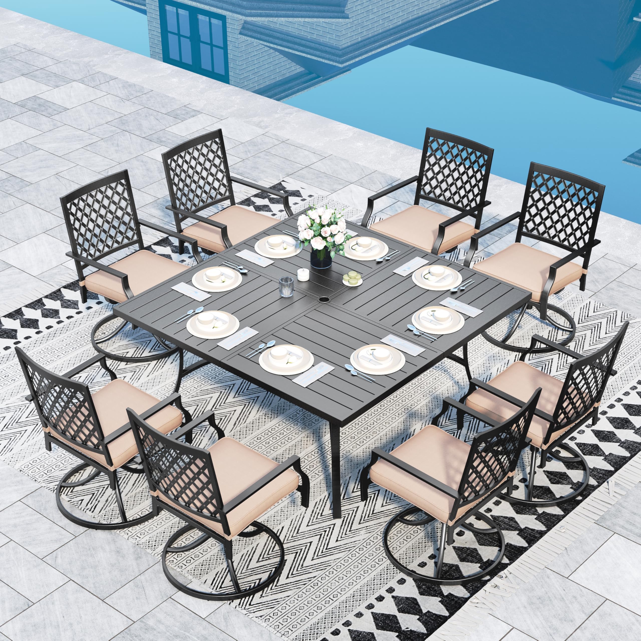 Sophia & William 9-Piece Outdoor Dining Set - Large Square Patio Table with 8 Swivel Rocking Chairs & Cushions - Black Metal Garden Furniture for Backyard, Bistro, Poolside & Outdoor Entertaining