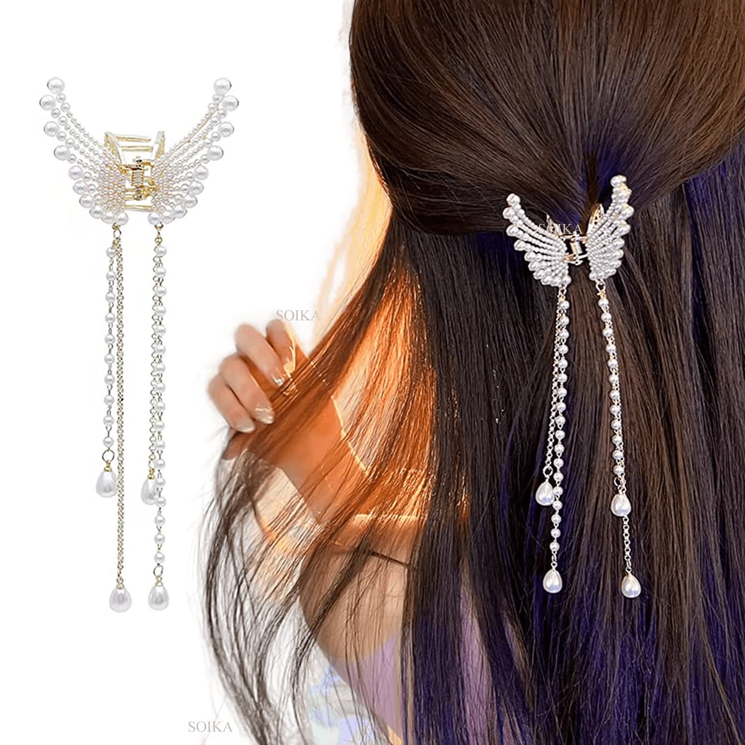 Soika Korean Style Pearl Metal Hair Claw Clip - Golden Butterfly Hair Clutch with Tassel for Women & Girls (1 Piece) - Perfect for Parties, Weddings & Everyday Hairstyles