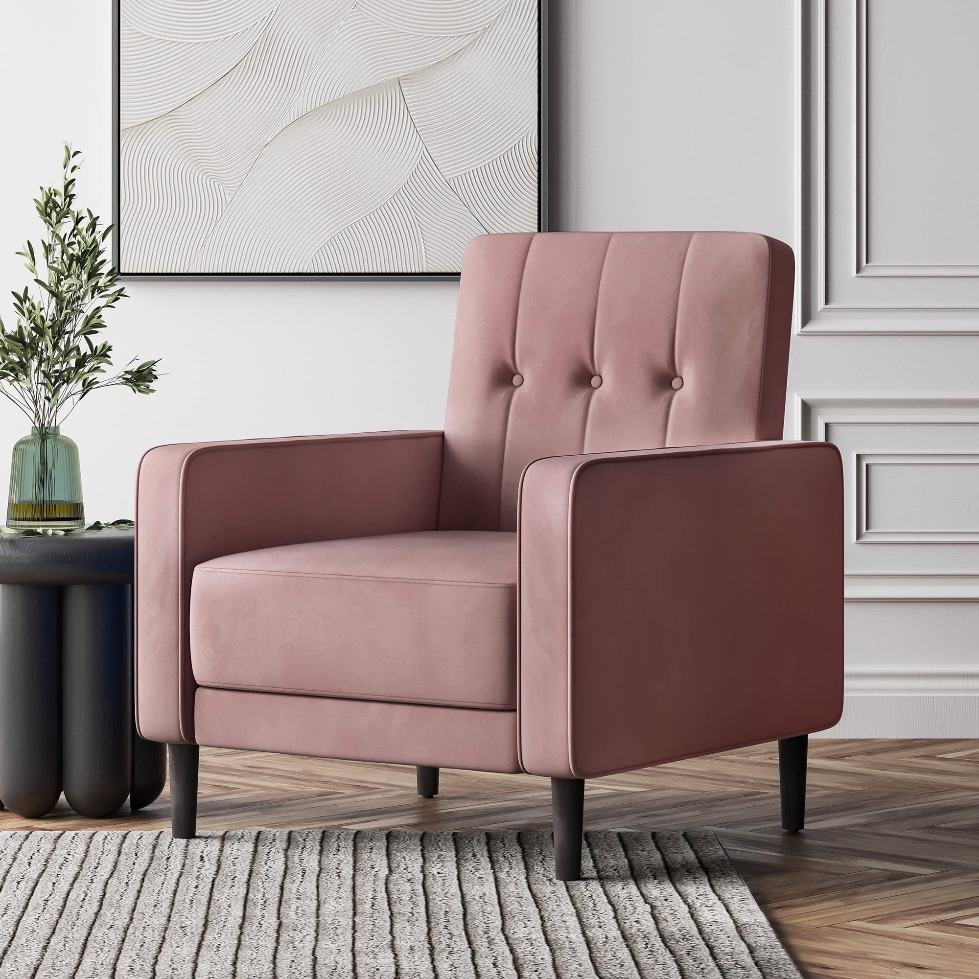 BELLEZE Mid Century Modern Velvet Accent Chair - Tufted Back Comfy Armchair for Living Room, Bedroom & Reading Nook - Upholstered Lounge Side Chair in Brush Pink (Valencia) - Perfect for Small Spaces & Cozy Corners