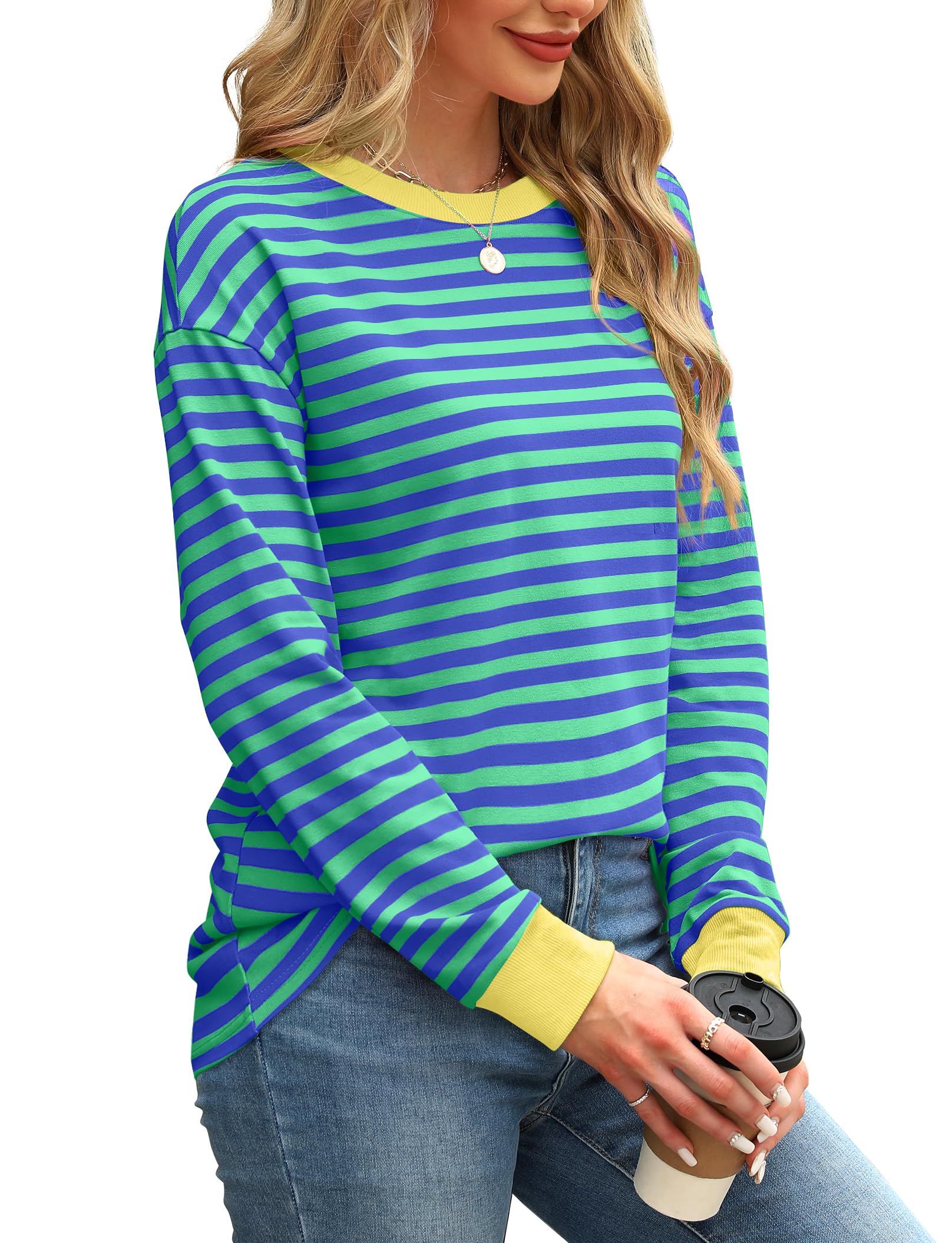 WIHOLL Women's Long Sleeve Striped Tunic Top - Crewneck Casual Blouse for Work, Office & Everyday Wear | Comfortable & Stylish Plus Size Tops
