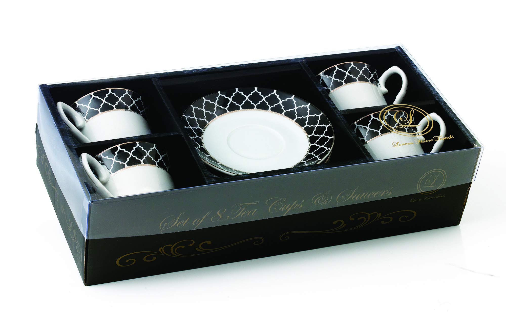 Lorren Home Trends Domino-4 Black Coffee Cups and Saucers Set - Elegant Porcelain Tea Cups for Coffee, Tea, or Espresso - Perfect for Home, Office, or Restaurant Use
