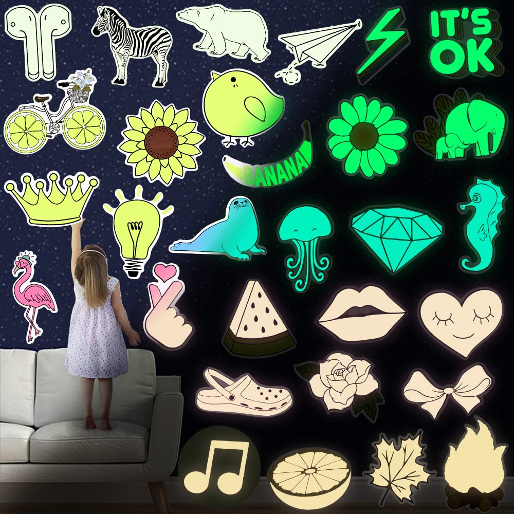 Glow in The Dark Stickers for Kids - 20 Pcs Waterproof Luminous Stickers for Kindle, Water Bottles, Scrapbooks, Laptops & Books - Perfect for Nighttime Reading, School Supplies & DIY Crafts