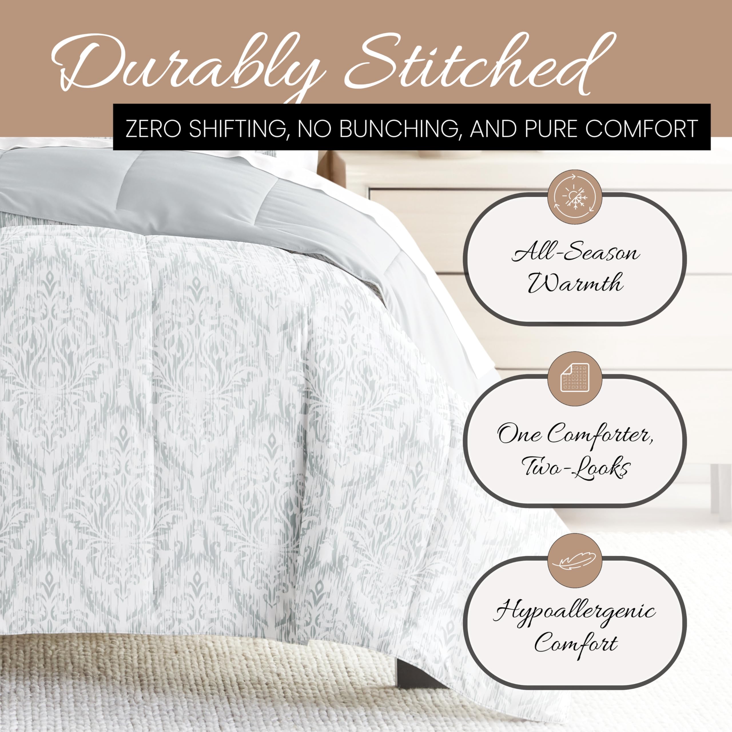 Luxury Reversible King Size Comforter Set (3 Piece) - Soft & Lightweight Down Alternative Bedding - Includes King Comforter & 2 Pillow Shams - Perfect for Master Bedroom, Guest Room & Cozy Home Decor