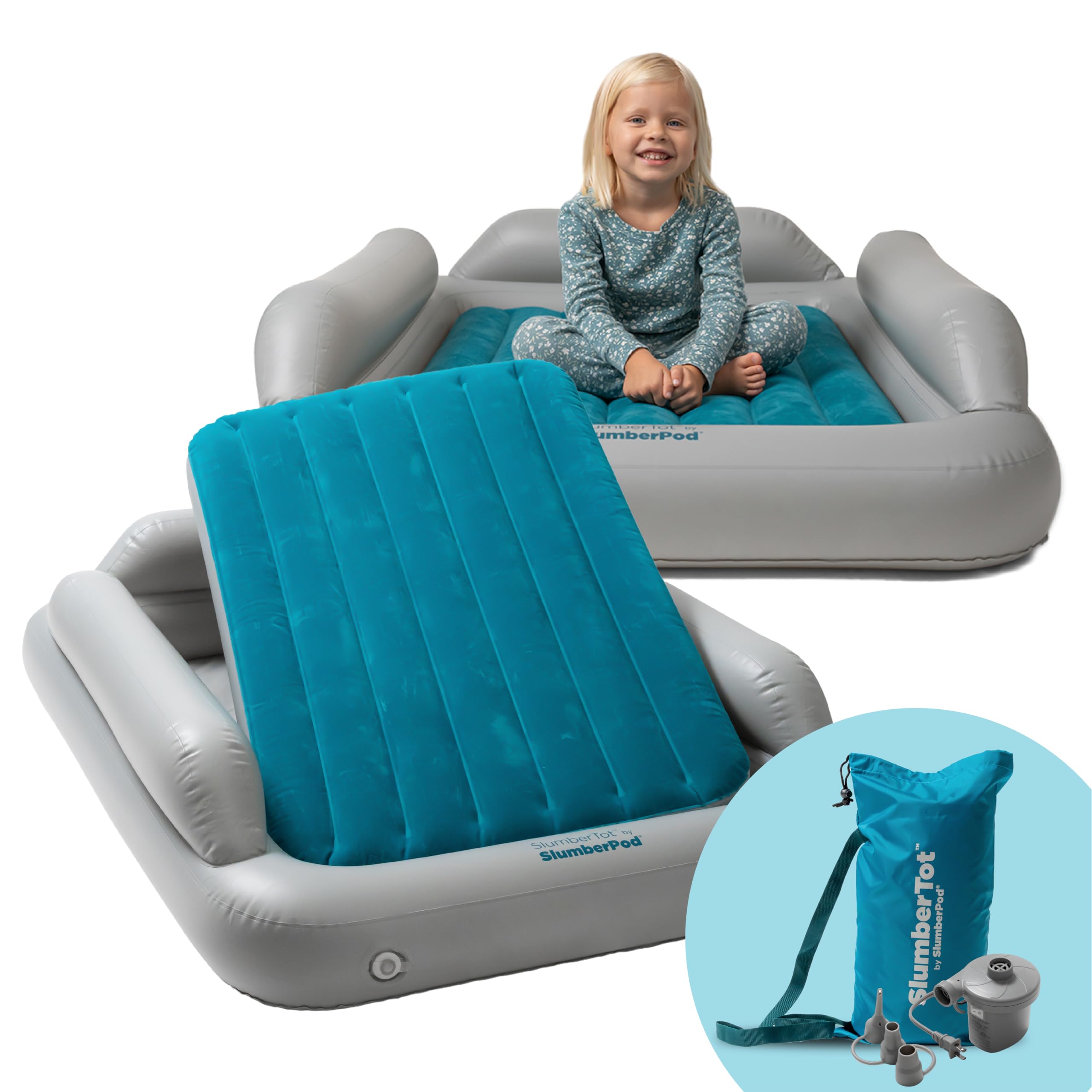 SlumberPod SlumberTot Inflatable Toddler Travel Bed - Portable Kids Air Mattress with Safety Bumpers - Compact & Lightweight for Travel, Camping & Home Use - Includes Electric Pump - Perfect for Sleepovers, Road Trips & Hotel Stays