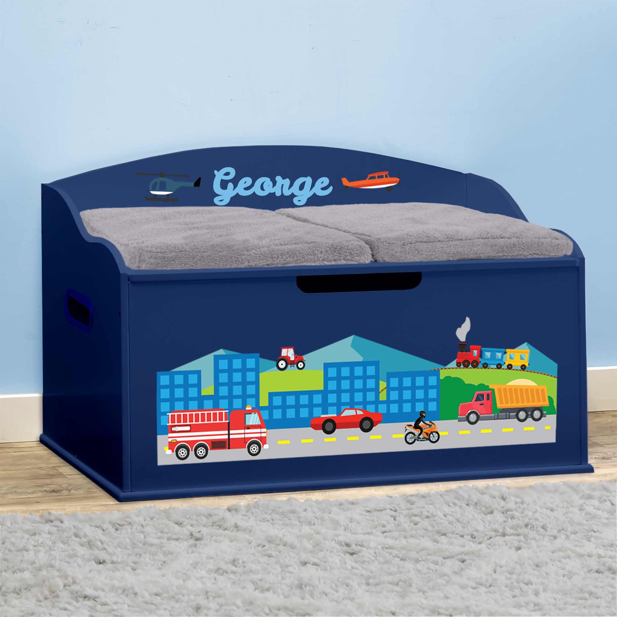 DIBSIES Personalized Creative Wonders Toy Box for Kids - Cars, Trucks, Planes & Trains Storage Organizer (Blue) | Perfect for Nursery, Playroom & Birthday Gifts
