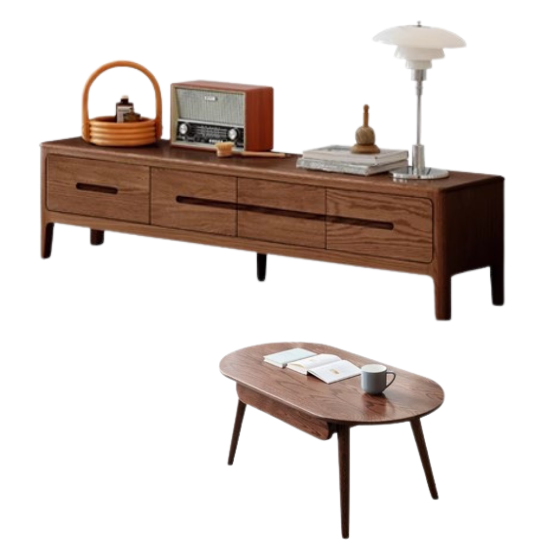 59x13.8x15.4 inch/ 150.4x35.2x39.5сm/ Walnut color/ four-drawer TV cabinet + capsule table with drawer