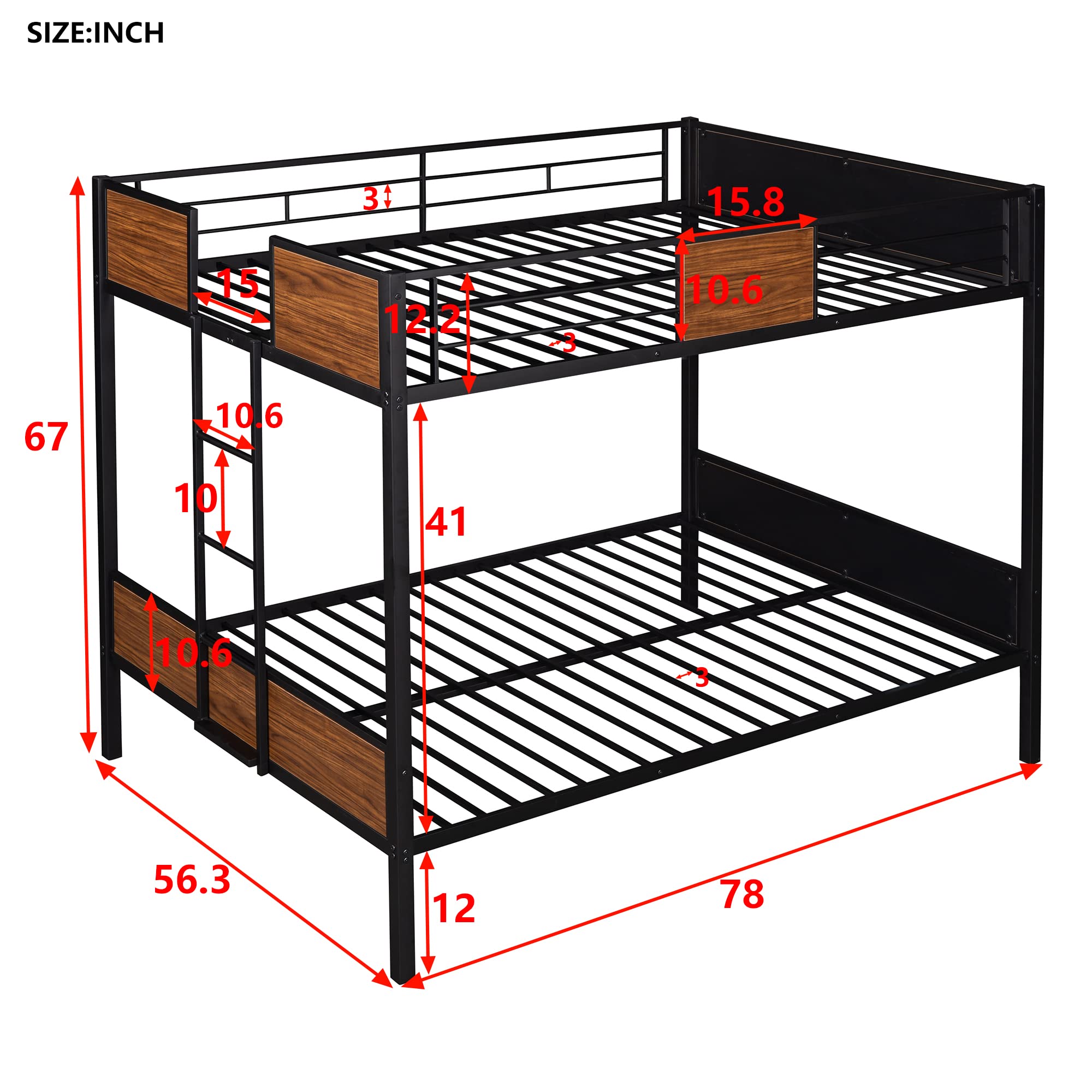 Full Over Full Metal Bunk Bed - Heavy Duty Steel Frame with Safety Rail & Built-in Ladder - Modern Black & Brown Bunk Bed for Kids, Teens, Dorm Rooms & Space-Saving Bedroom Solutions