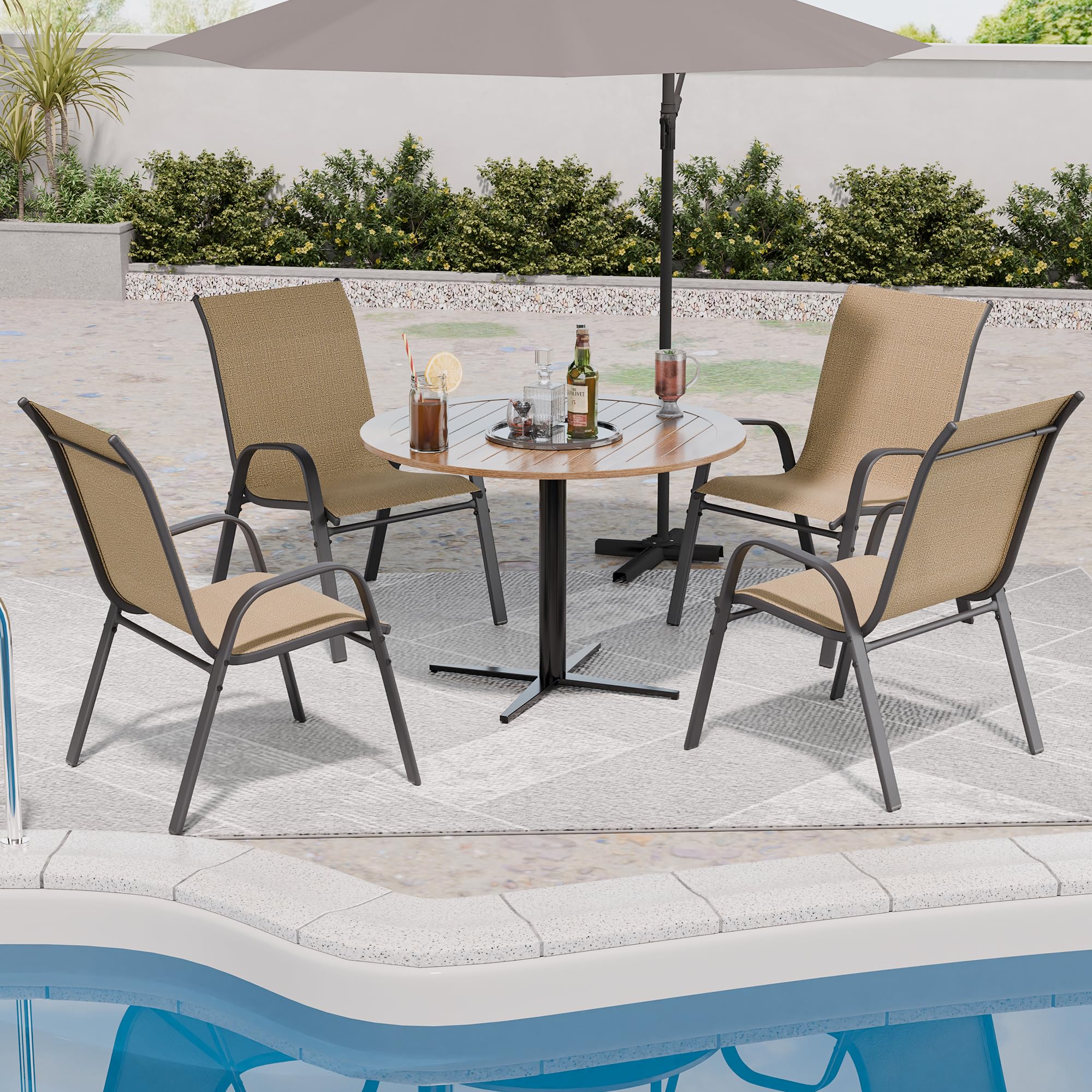 4-Piece Patio Chairs Set - Stackable All-Weather Outdoor Dining Chairs - Durable & Breathable Metal Modern Furniture for Backyard, Deck, Garden (Brown) - Perfect for Outdoor Entertaining & Relaxation