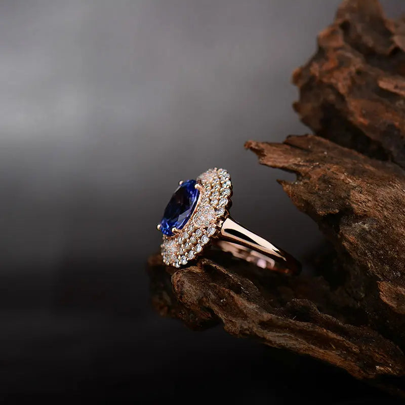18K Rose Gold Blue Tanzanite & Diamond Ring for Women - Elegant Anniversary Jewelry Gift for Wife, Engagement, Wedding, Valentine's Day & Special Occasions