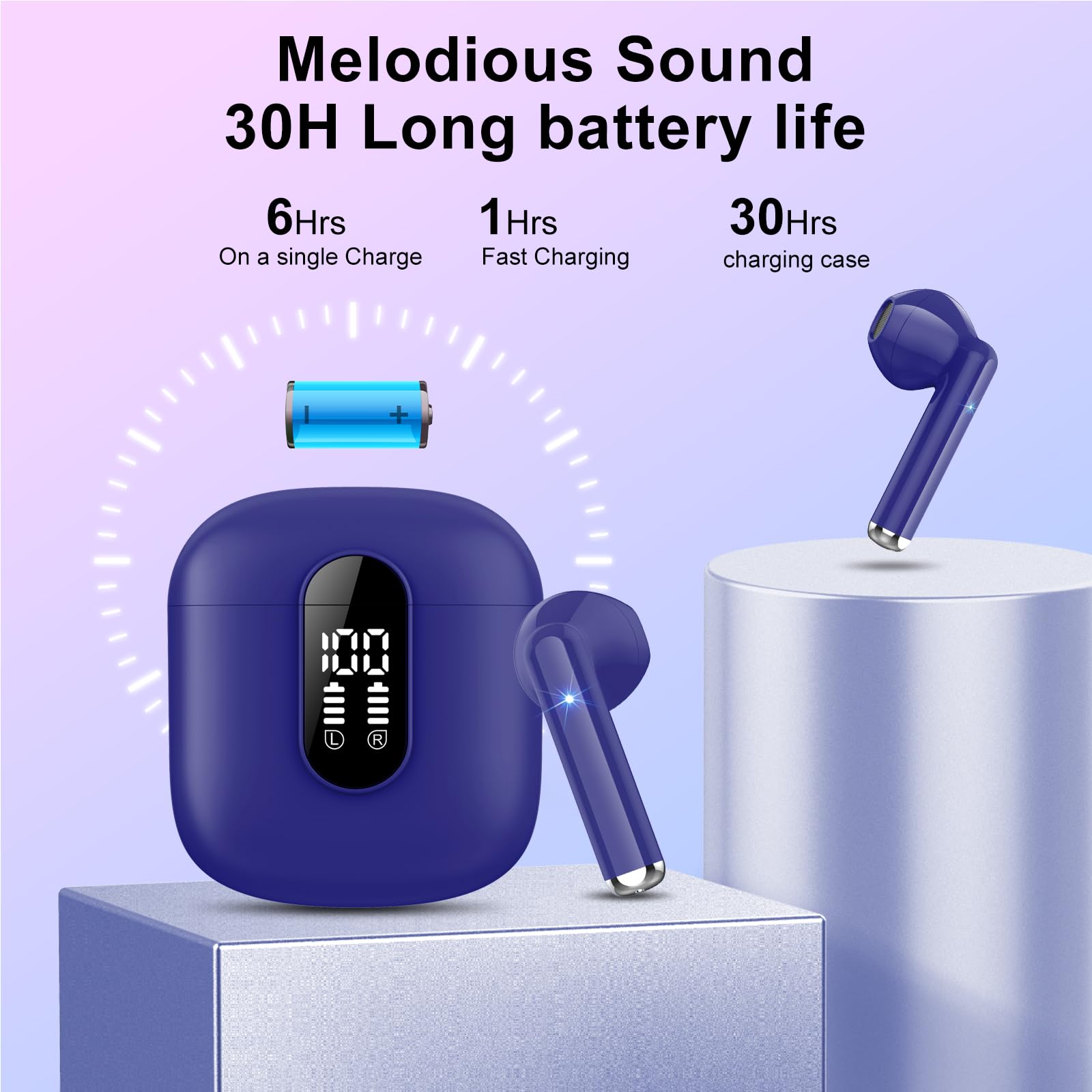 2025 Bluetooth 5.3 Wireless Earbuds with ENC Mic & LED Display - 30H Playtime IP7 Waterproof for Gym & Running - Dark Blue