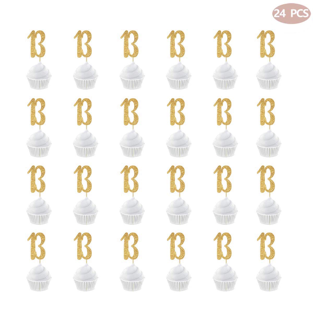 24-Pack Gold Happy 13th Birthday Cupcake Toppers - Number 13 Glitter Party Decorations for Teen Birthday Cakes, Cupcakes & Desserts