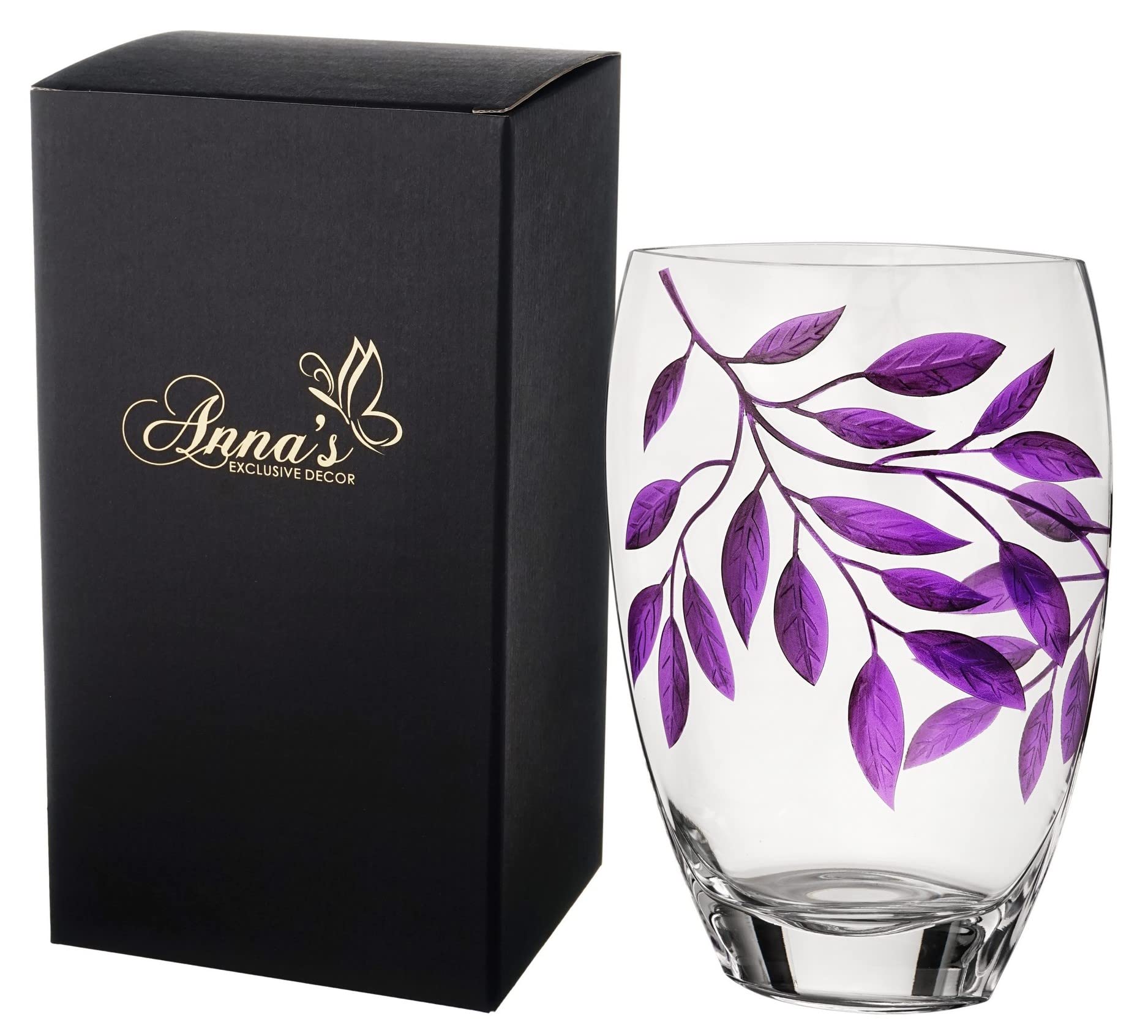 Large Hand Blown Glass Vase 11.8 Inch (30cm) - Purple Sandblasted Leaf Design with Golden Gift Box - Clear Lead-Free Glass Centerpiece for Home Decor, Wedding, Dining Table & Luxury Gift