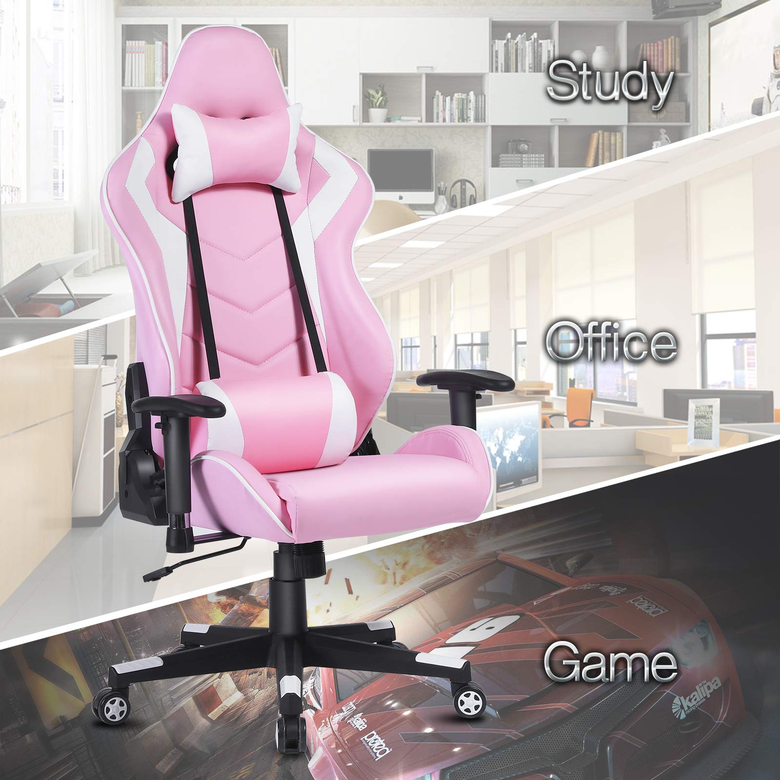 Modern-Depo Ergonomic High-Back Swivel Gaming Chair - Racing Style Recliner with Adjustable Headrest & Lumbar Support - Pink & White Office Desk Chair for PC Gaming, Streaming & Home Workspace
