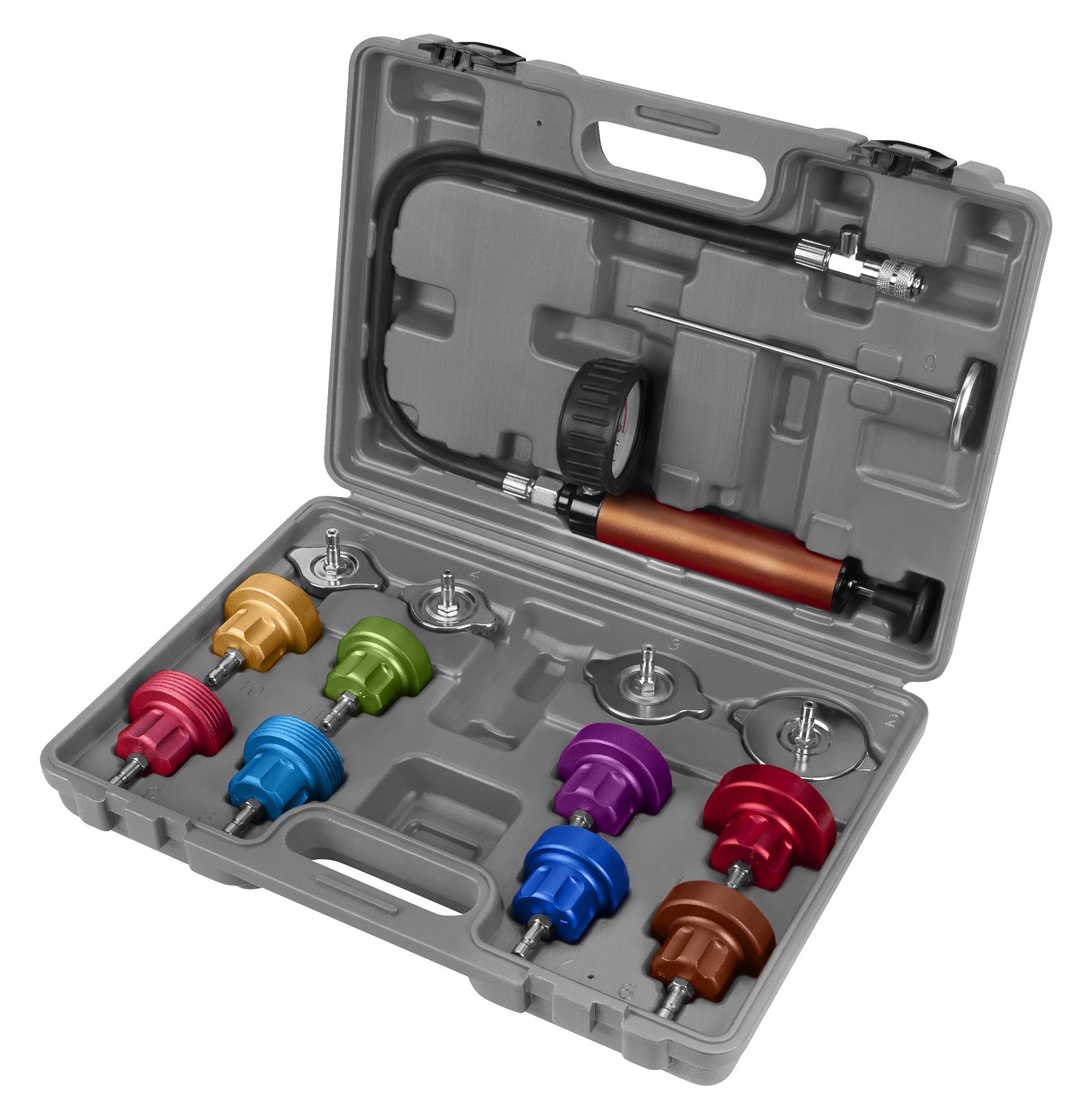 JEGS W89733 Cooling System Pressure Tester Kit - Professional Automotive Cooling System Diagnostic Tool for Leak Detection (Includes Adapters) | Perfect for Mechanics, DIY Car Repairs & Engine Maintenance