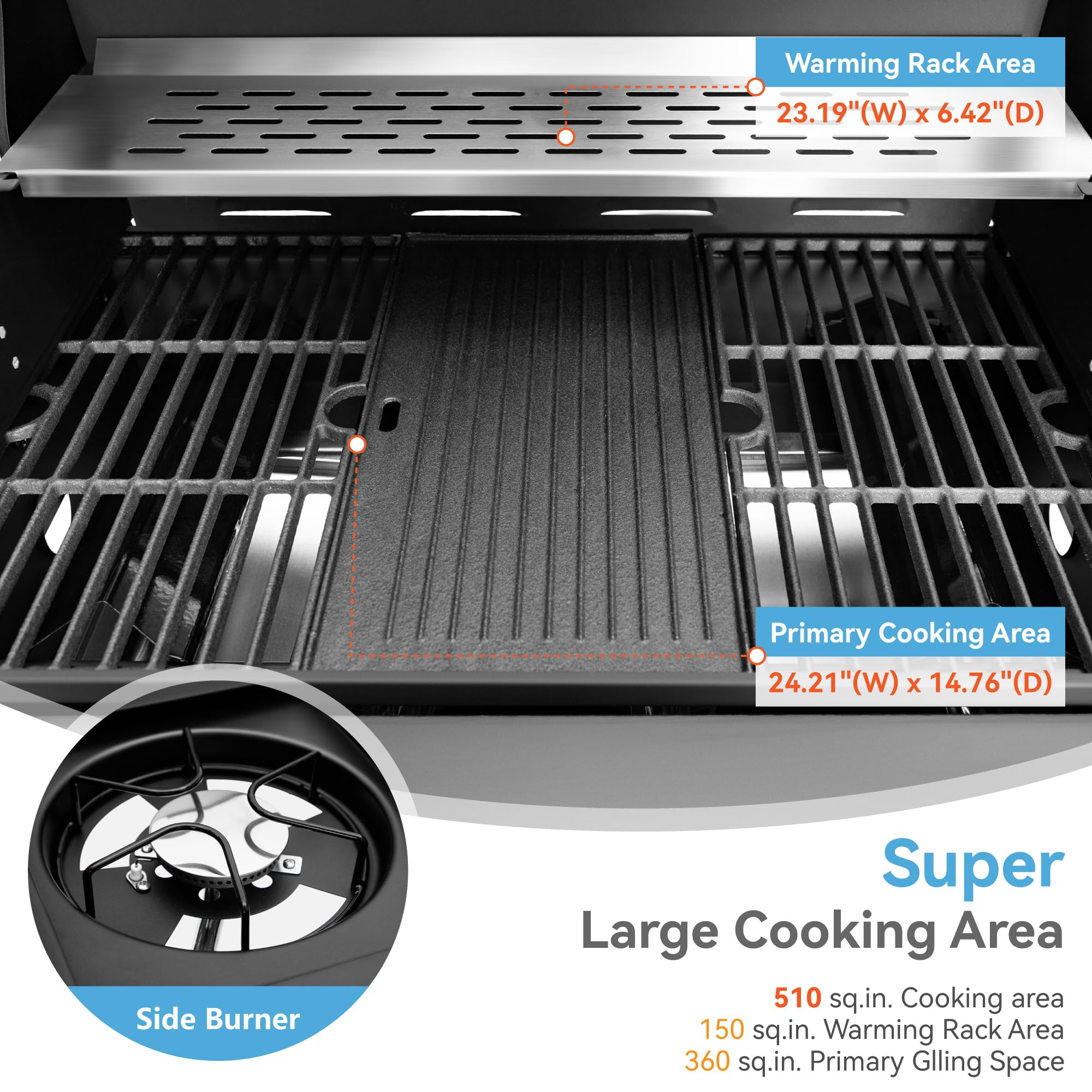 2 in 1 Propane Gas BBQ Grill with Side Burner & Porcelain-Enameled Cast Iron Grate - 4-Burner Flat Top Grill, 46,700 BTU Outdoor Barbecue Griddle Combo - Perfect for Camping, Patio, Backyard, Tailgating & Family Gatherings