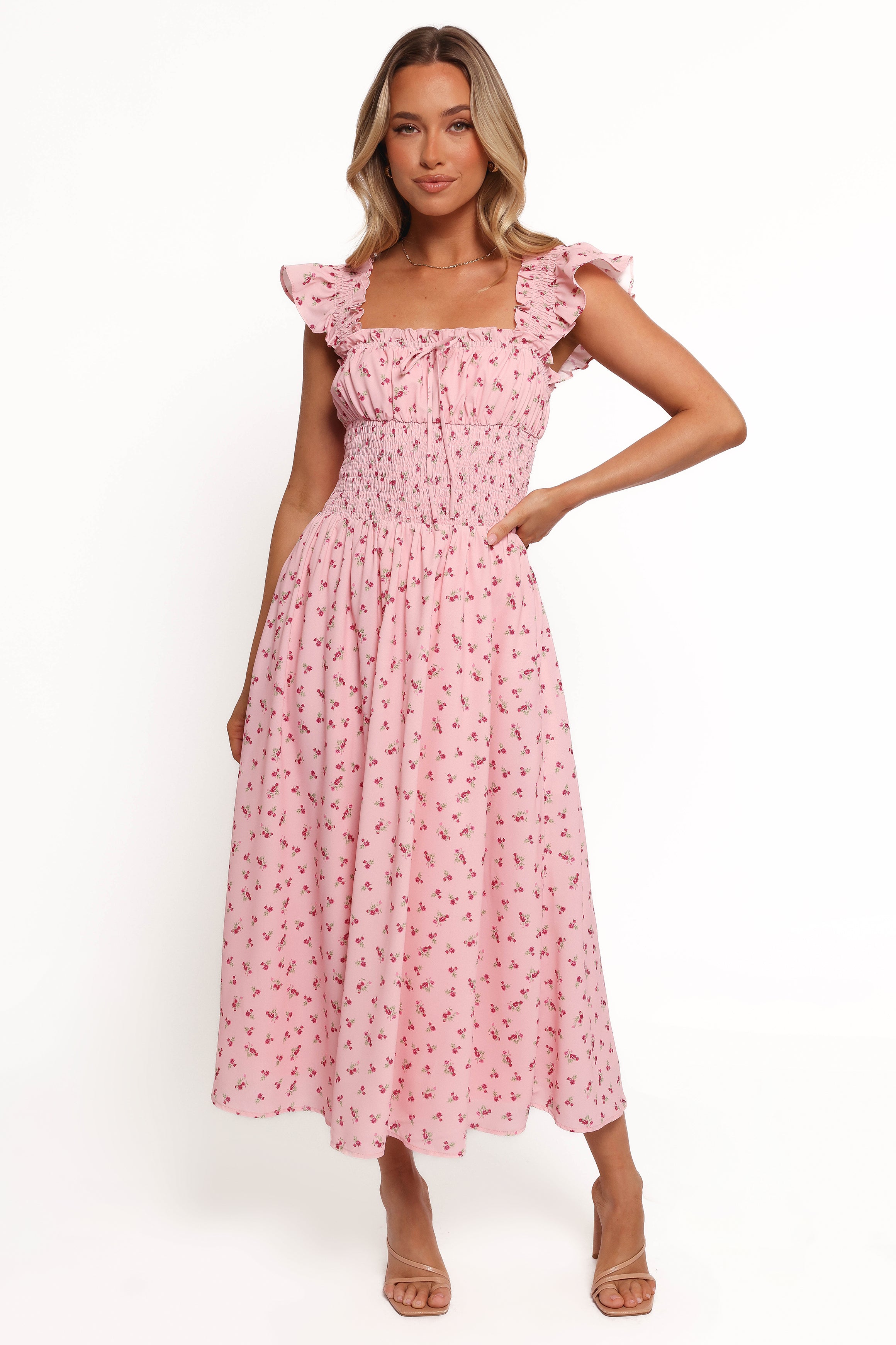 Bronte Midi Dress - Pink Floral Print Summer Dress for Women | Casual & Party Wear | Perfect for Beach, Wedding & Date Night