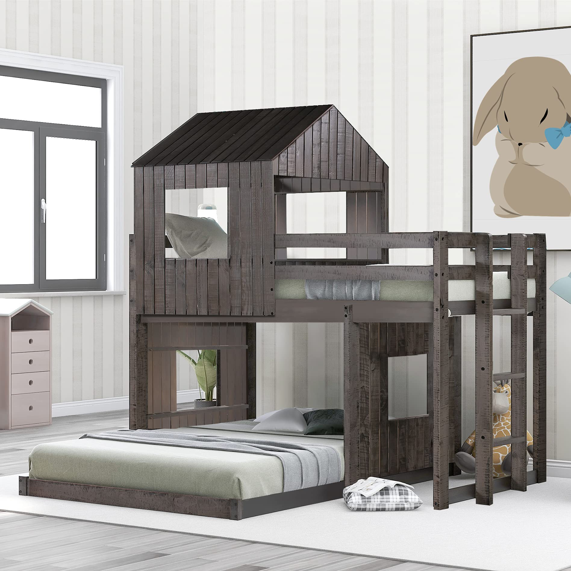 **MERITLINE Twin Over Full Wood House Bunk Bed for Kids - Playhouse Loft Bed with Roof & Guard Rail, No Box Spring Needed, Antique Gray - Perfect for Boys & Girls Bedrooms, Playrooms & Small Spaces**