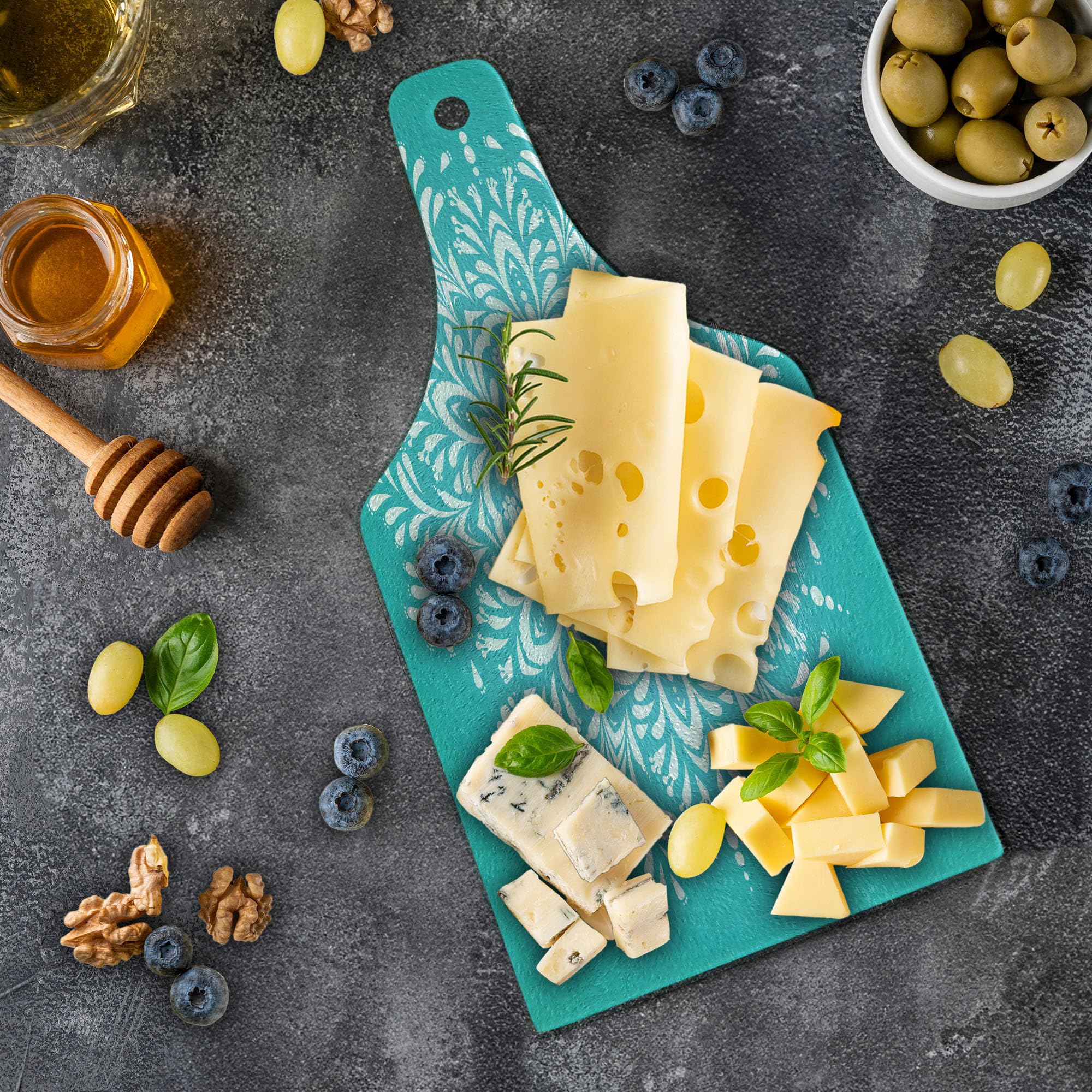 Ambesonne Blue Tempered Glass Cutting Board - Snowflake Mandala Winter Themed Art Print - Decorative Serving Board with Eastern Floral Leaves Design - Wine Bottle Shape in Sky Blue & White - Perfect for Holiday Entertaining, Cheese Platters & Wine Pairings