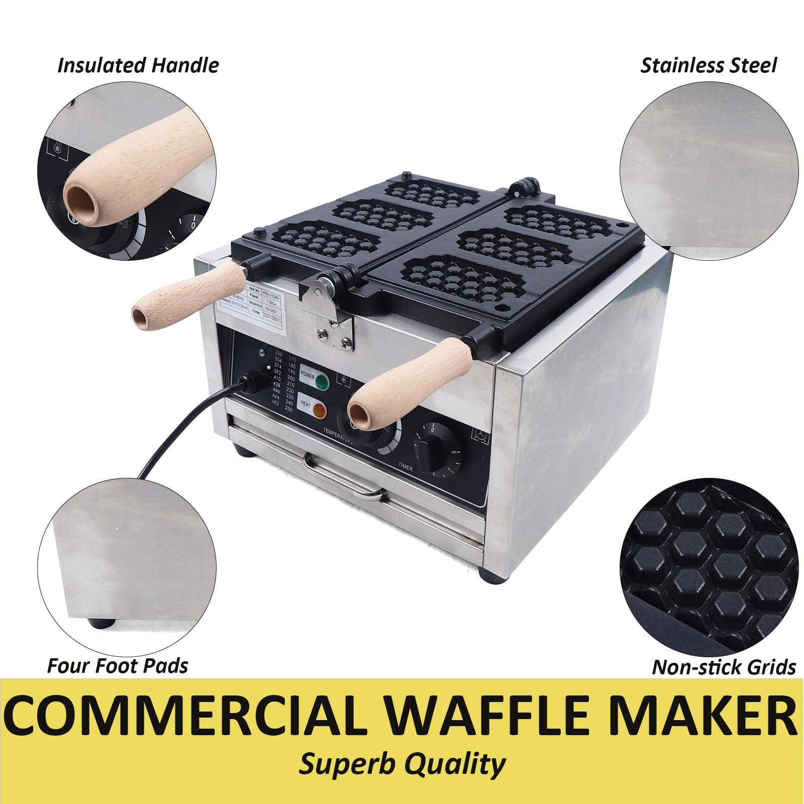 LOYALHEARTDY 110V 1500W Commercial Waffle Maker - 3-Piece Electric Waffle Machine with Non-Stick Surface for Bakeries, Restaurants & Canteens - Perfect for Breakfast Buffets, Cafes, and Catering Services