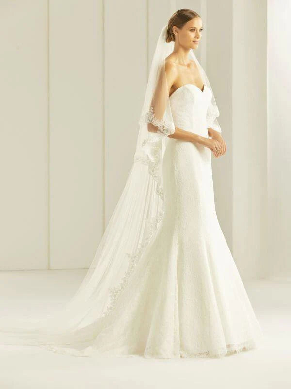 Bianco Evento Cathedral Length Two-Tier Wedding Veil with Lace Edge - Ivory Tulle Bridal Accessory S258 | Perfect for Traditional Weddings, Bridal Showers & Formal Events
