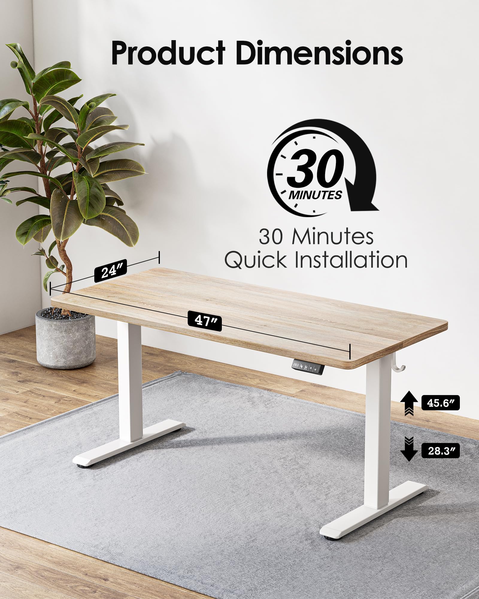 TIQLAB 47 x 24 Inch Electric Height Adjustable Standing Desk - Sit to Stand Home Office Desk with Splice Board, White Frame & Maple Top - Perfect for Remote Work, Gaming, and Ergonomic Workspaces