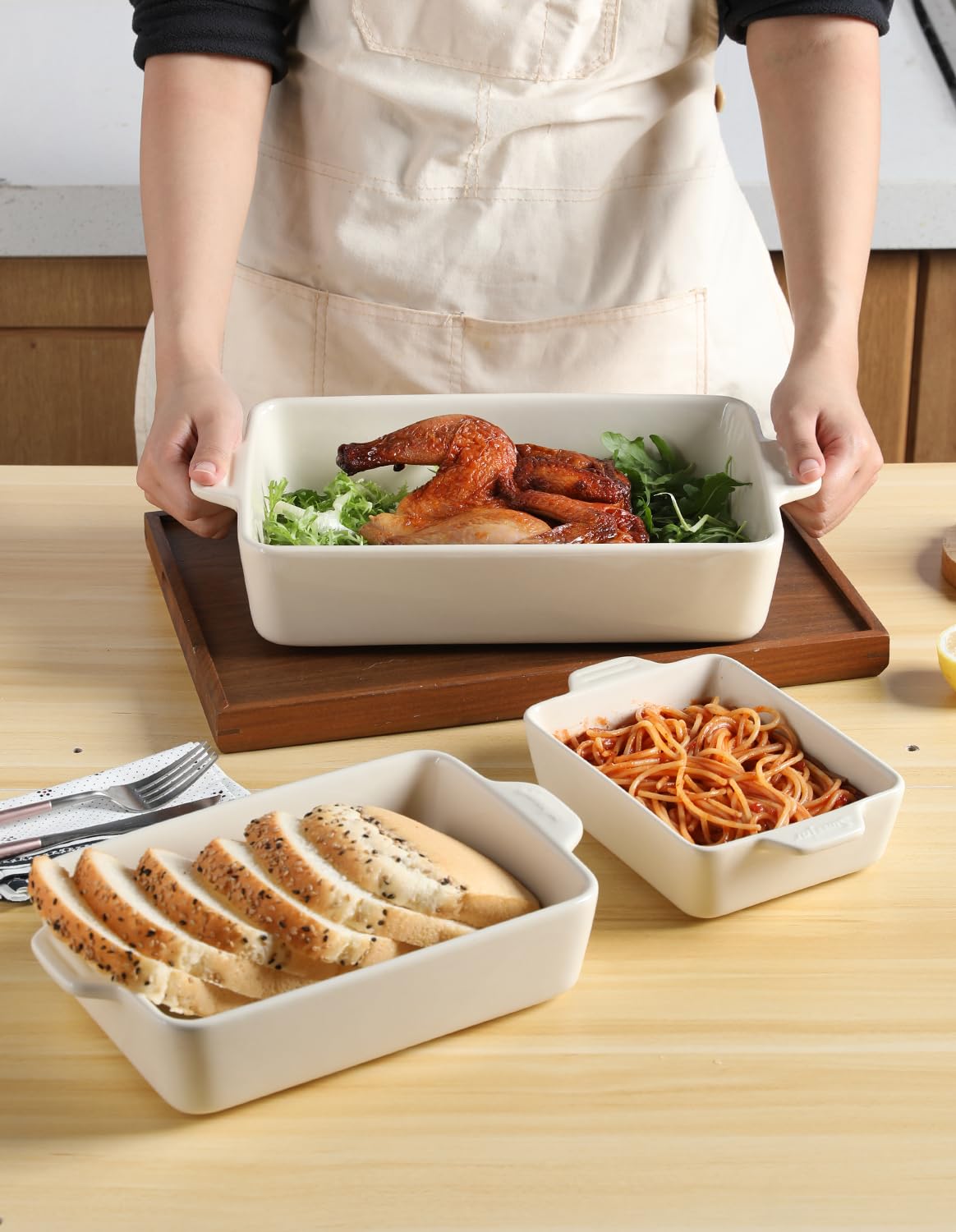 Sweejar 11.8 x 7.8 x 2.76 Inch Ceramic Baking Dish Set - Oven Safe Rectangular Casserole Pan for Lasagna, Cakes, Roasts | Perfect for Home Cooking, Dinner Parties & Holiday Meals (Beige)