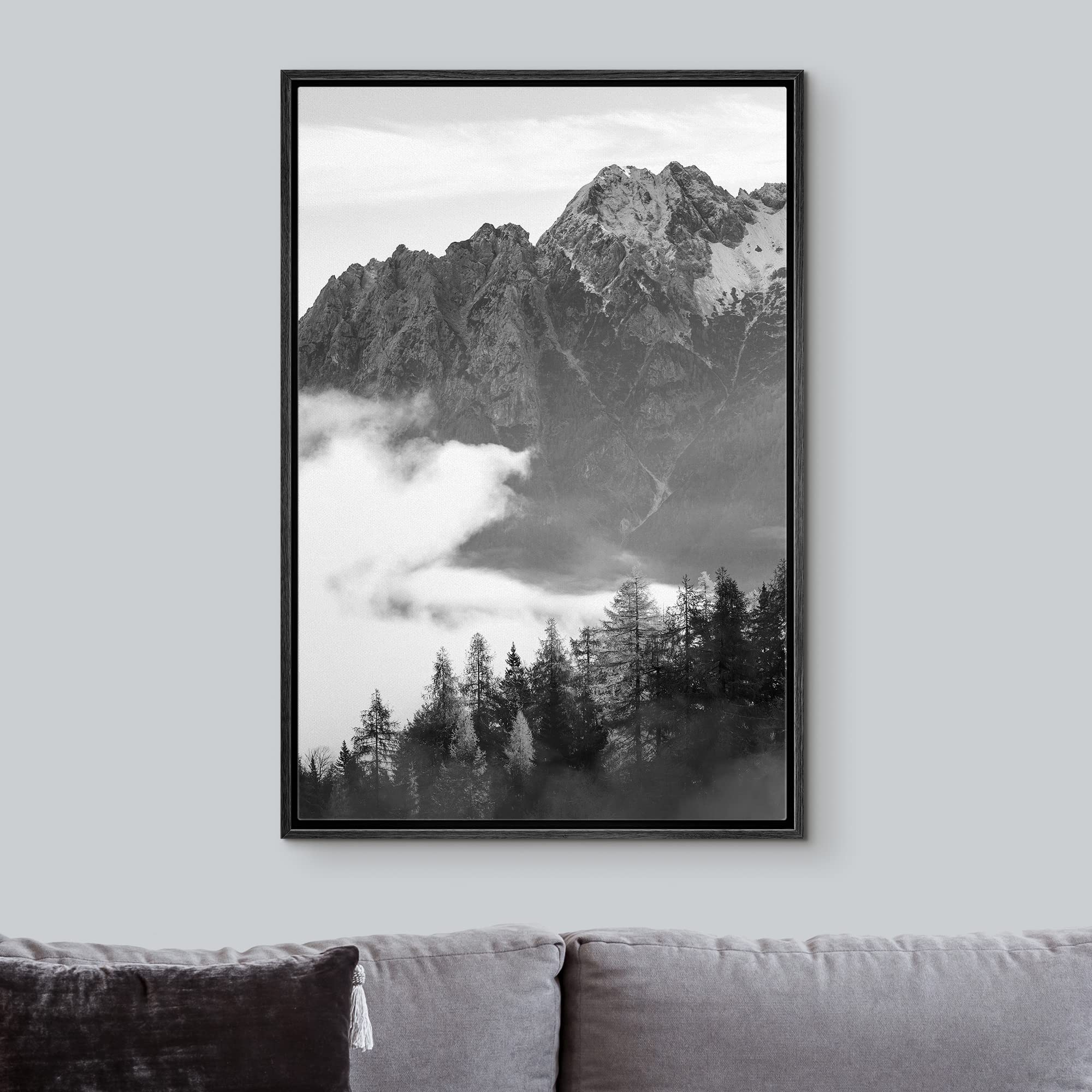 IDEA4WALL Framed Canvas Print - Black & White Mist Over Mountain Forest Valley Nature Art - Woodland Nursery Decor - Dramatic Cool Wall Art for Living Room, Bedroom, Office - 16
