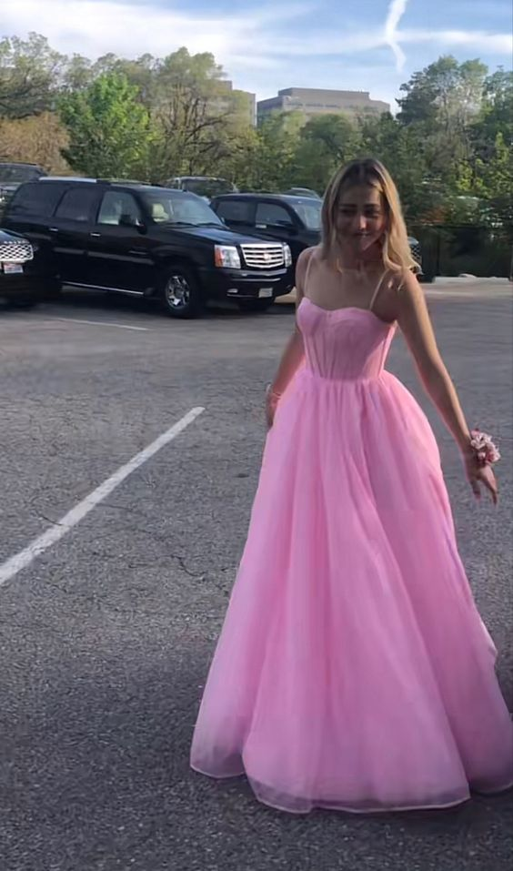Elegant A-Line Spaghetti Strap Party Dress - Pink Prom Gown J5084 for Evening Events, Dances & Special Occasions