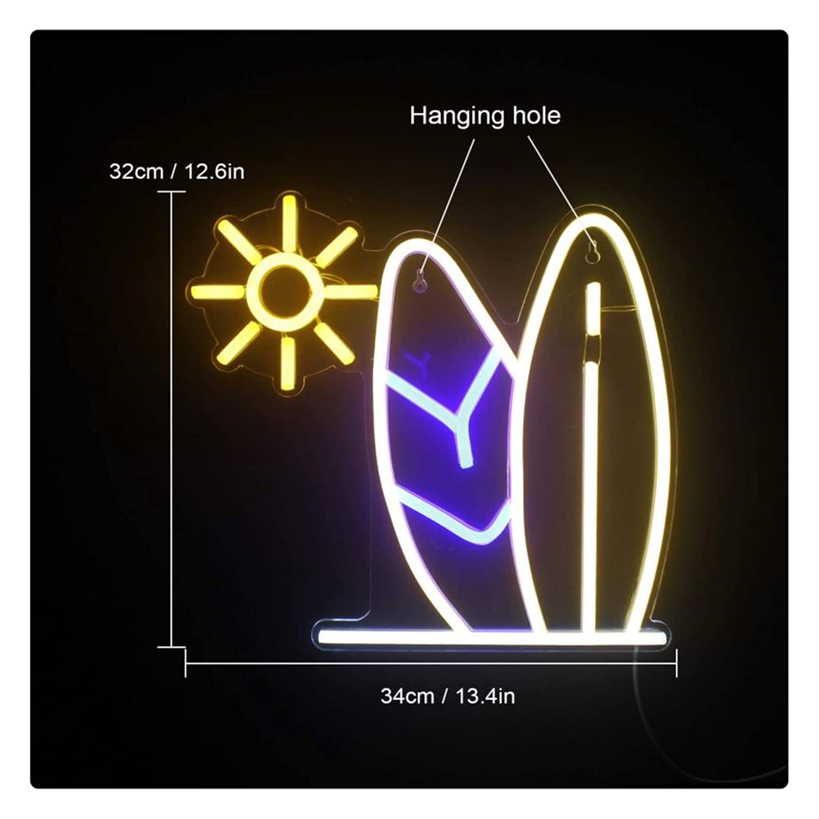 Sun And Surfboard LED Neon Sign - Summer Surfing Themed Wall Decor Light for Home, Kids Room, Bar, Party, Christmas & Wedding - Perfect for Beach Themed Parties, Coastal Home Decor & Neon Art Collection