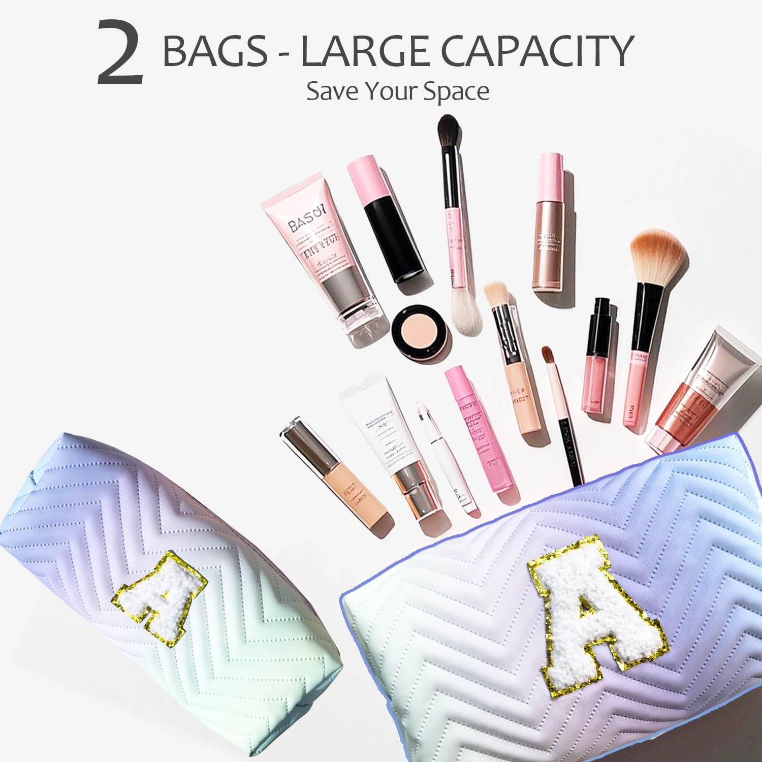 2-Pack Quilted Makeup Bag Set - Large & Small Cosmetic Organizer with Zipper Closure - Perfect for Travel, Toiletries & Purse Organization - Cute Personalized Initial Gift for Women, Teens & Girls (Pink) - Ideal for Daily Makeup Storage, Gym Essentials & Weekend Getaways