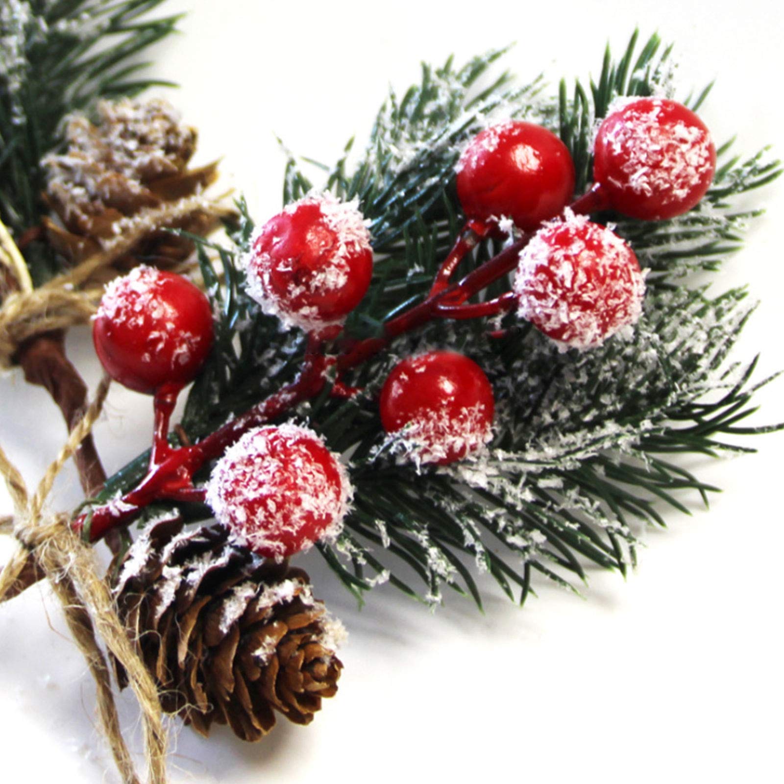 ZWMBYN 20pcs Artificial Red Berry Stems with Pine Branches & Twine Bow - Christmas Wreath Picks, Mini Flocked Holly Spray Stems for Holiday Tree Decorations, DIY Crafts, Xmas Home & Party Decoration (Red)