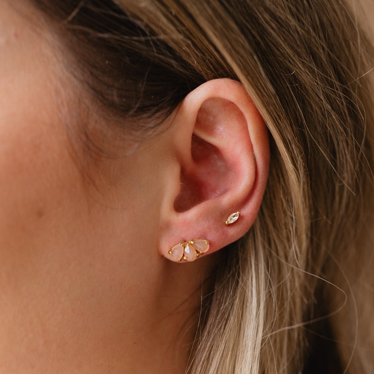 DAINTY HARMONY FAN STUDS Earrings - Peach Moonstone & Gold Plated Studs for Women | Perfect for Everyday Wear, Gift Giving & Special Occasions