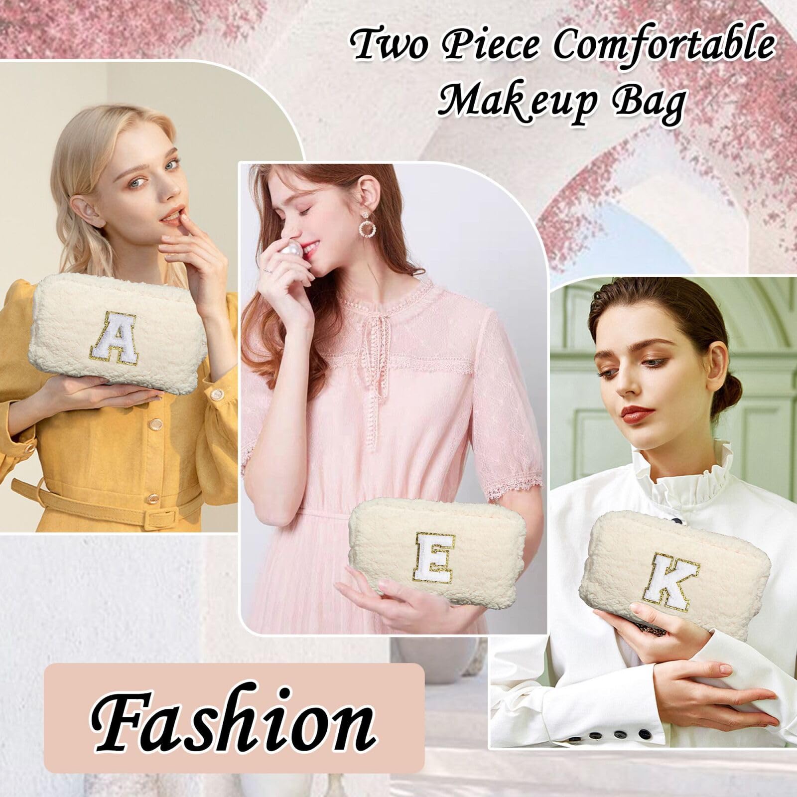 YOOLIFE Personalized Initial Makeup Bag with Brush Pouch - Cute Cosmetic Organizer for Women, Bridal Shower Gift, Birthday Present for Her, Sister, Mom & Teacher (White) | Perfect for Travel, Daily Makeup Storage & Special Occasion Gifts