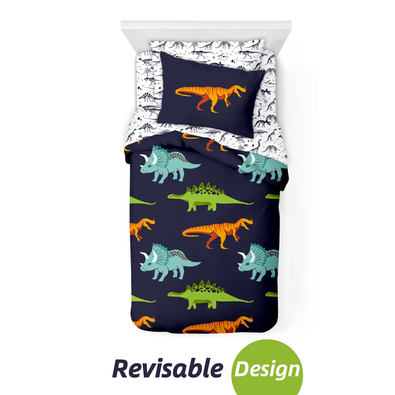 STYHO Cartoon Dinosaur Print Duvet Cover Set - Dark Blue Reversible Animal Pattern Quilt Bedding for Boys & Kids - Single Size Bedroom Decor - Perfect for Kids' Rooms, Nursery, and Themed Bedrooms