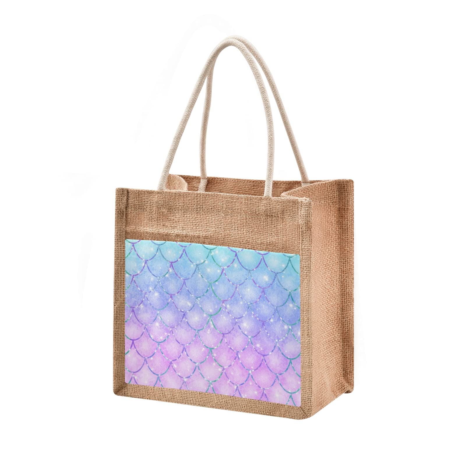 CaTaKu Mermaid Fish Scales Purple Jute Tote Bag - Reusable Grocery Shopping Bag with Zipper Closure & Front Canvas Pocket - Eco-Friendly Beach Tote for Women (10
