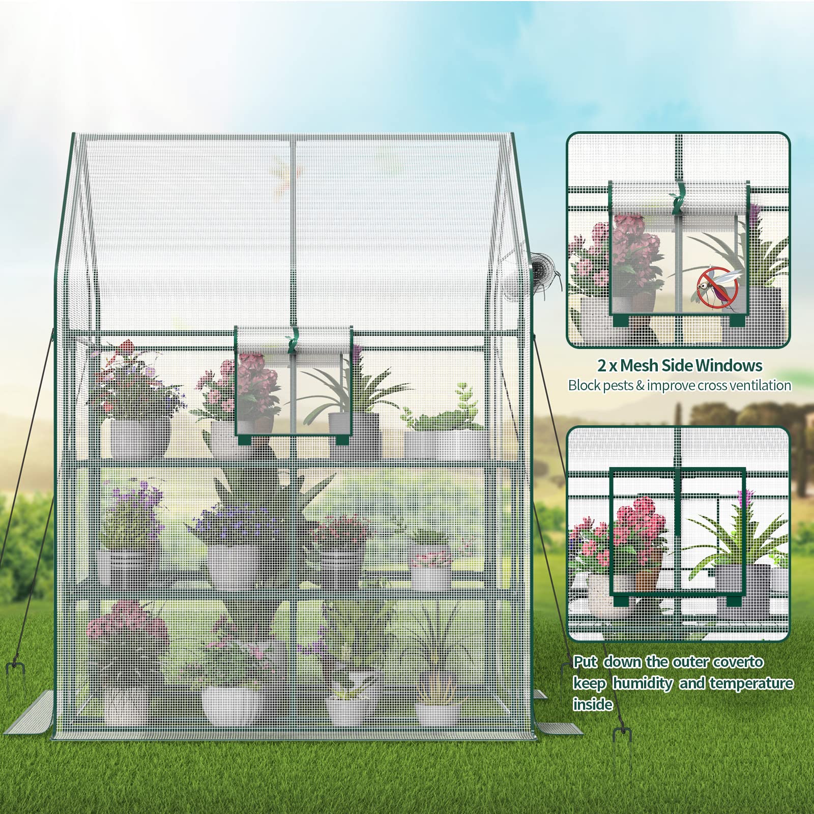 4-Tier Greenhouse with 2 Mesh Windows & 10 Shelves - Durable PE Cover with Stabilizing Pegs & Ropes - Outdoor Plant Growing Solution for Gardens, Herbs, Flowers & Seedlings - Perfect for Balcony, Patio or Backyard Gardening