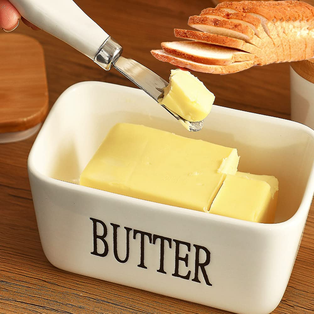Ceramic Butter Dish with Lid - Large Butter Keeper Container with Bamboo Cover & Silicone Seal - Includes Butter Knife - Perfect for Kitchen, Dining Table, and Gift Giving - Ideal for Keeping Butter Fresh at Room Temperature